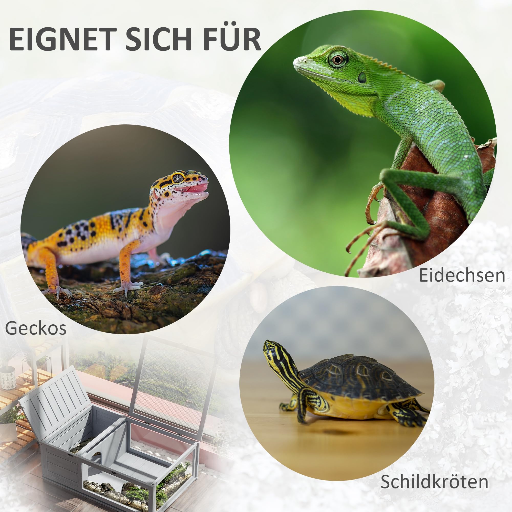 PawHut Schildkrötenhaus aus Holz, Schildkrötengehege mit Haupthäusern, aufklappbare Oberseite, Outdoor-Reptilienkäfig, Terrarium für Schildkröten, Reptilien, Eidechsen, Schlangen, Grau