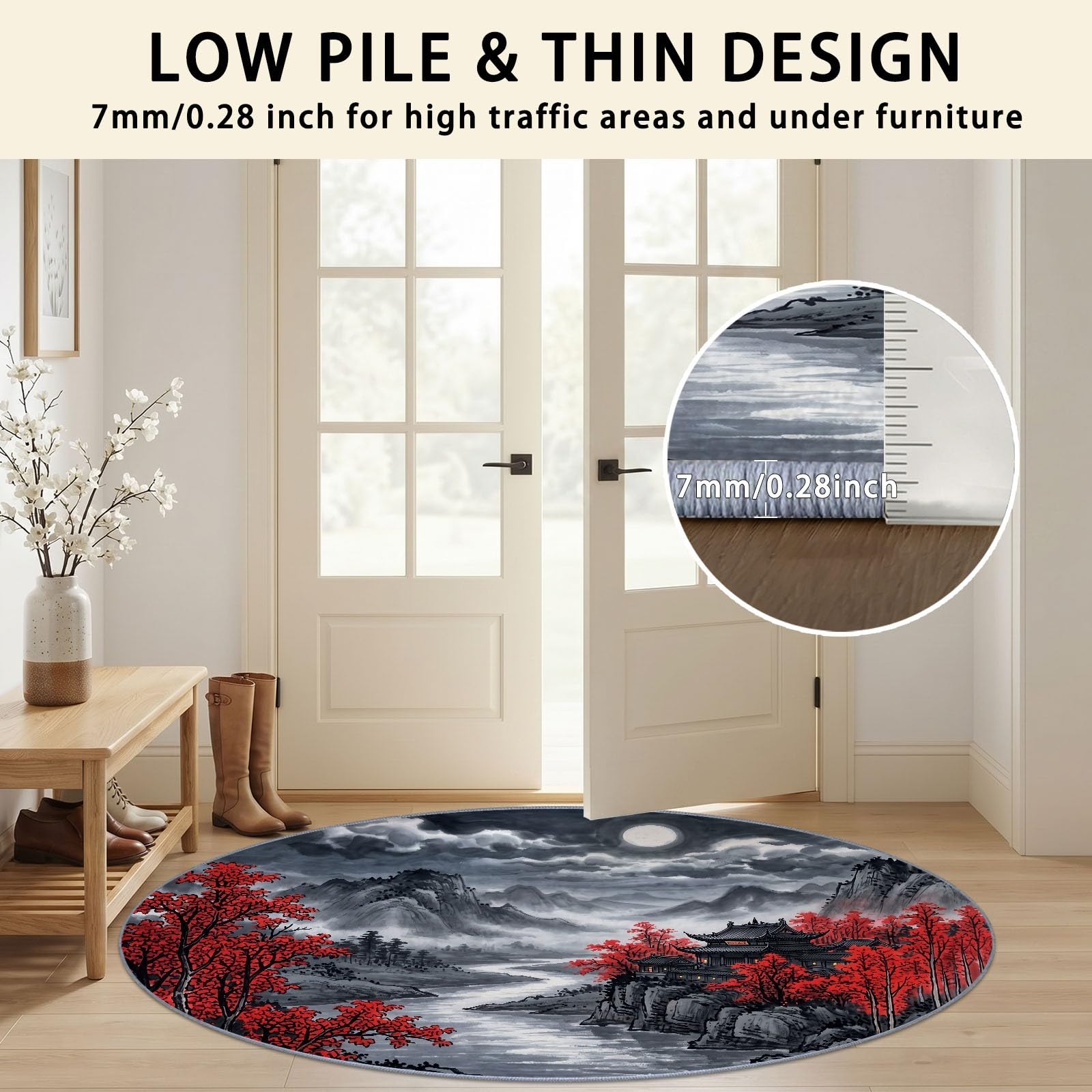 Tapis Rond 100 cm Lavable Machine, Moquette Antidérapante Poil Bas Doux, Rétro Lune Rivière Montagnes Tapis pour Salon Chambre Salle à Manger Nursery Dortoir Enfants, Gris