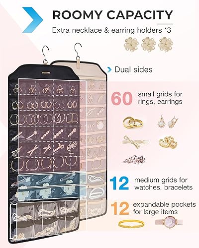 Miniatura 2 de BAGSMART Organizador colgante de joyas, organizador de accesorios, organizador de aretes de 68 bolsillos para sostener joyas en la pared, extra
