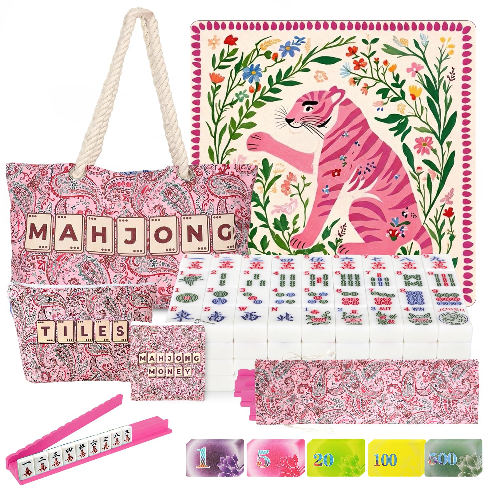 290 Pcs American Mahjong Game Set Mahjong Tiles Set Includes 166 Tiles, Mahjong Mat, 4 All-in-One Rack Pushers, Carrying Bag, and Mahjong Accessories for Family Game Night Travel Play(Pink Leopard)