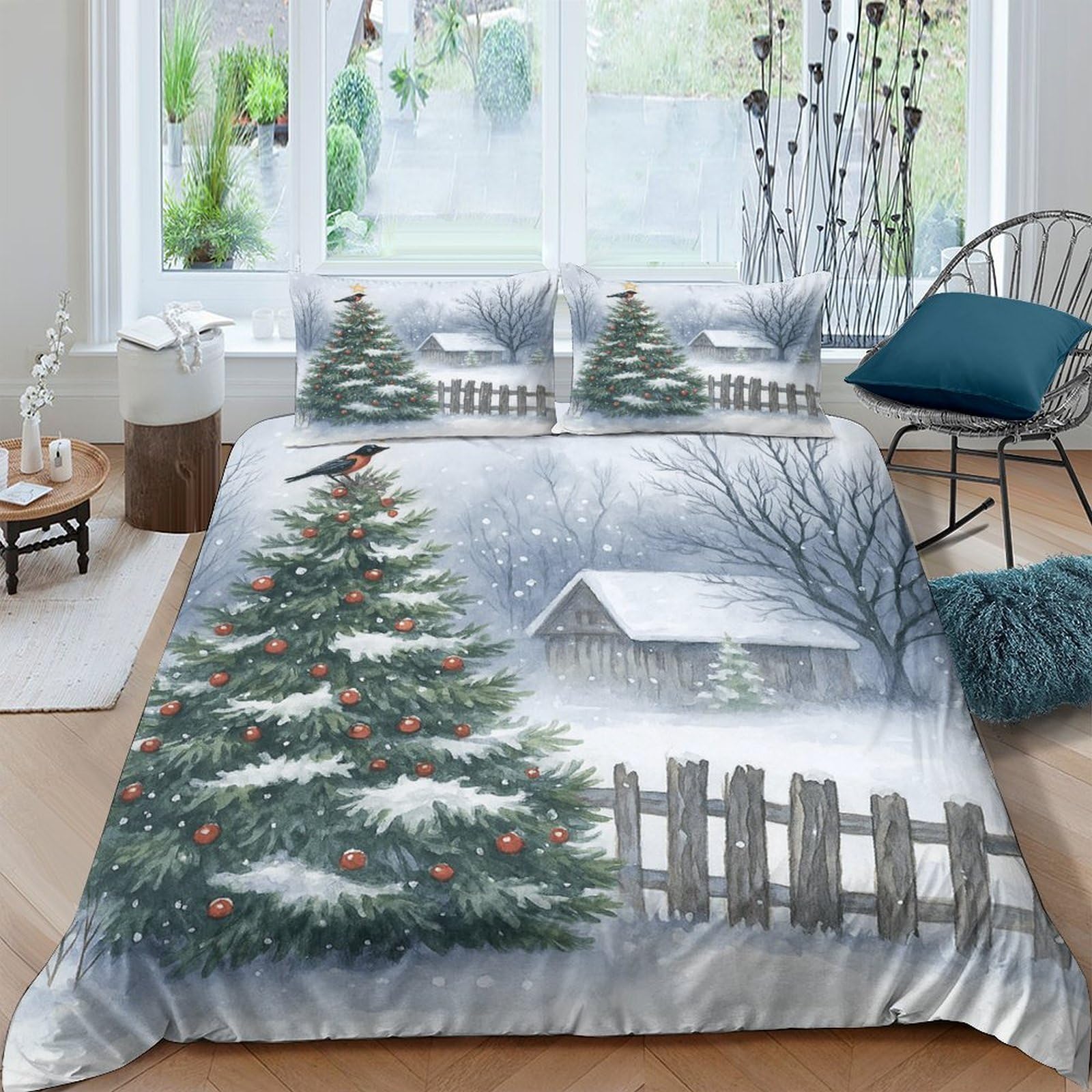 Ctjqhvkz Style-5 3D Printed Snowy Christmas Tree Fitted Sheet Microfiber Soft Winter Cabin Bed Cover For Bedroom Guest Room Decor Single（135X200cm）