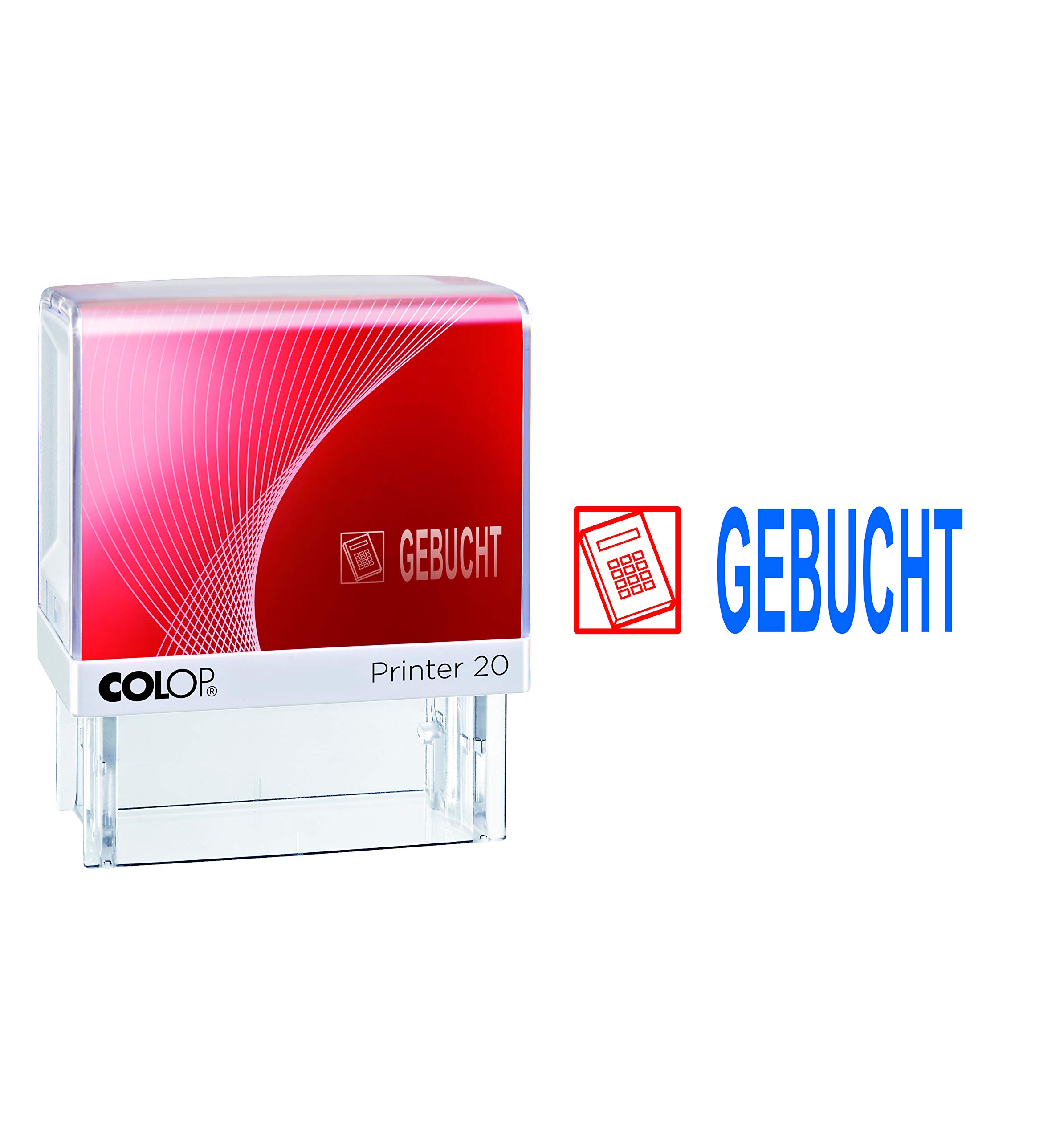 COLOP Printer 20 Text Stamp Booked and Pictogram, Imprint Colour Blue/Red, Ready Stamp with Stock Text and 2-Colour Cushion