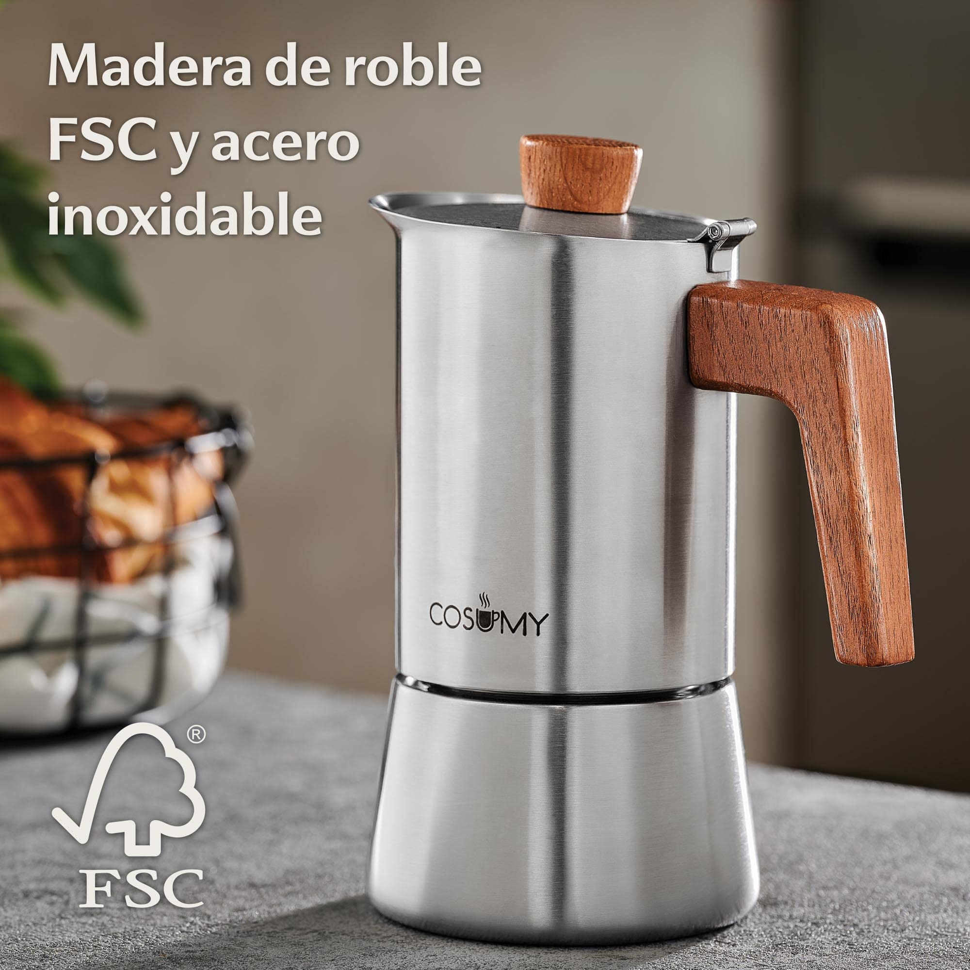 Cosumy Cafetera Espresso 6 tazas - Apta para inducción y todas las demás placas - Acero inoxidable y madera - 300ml