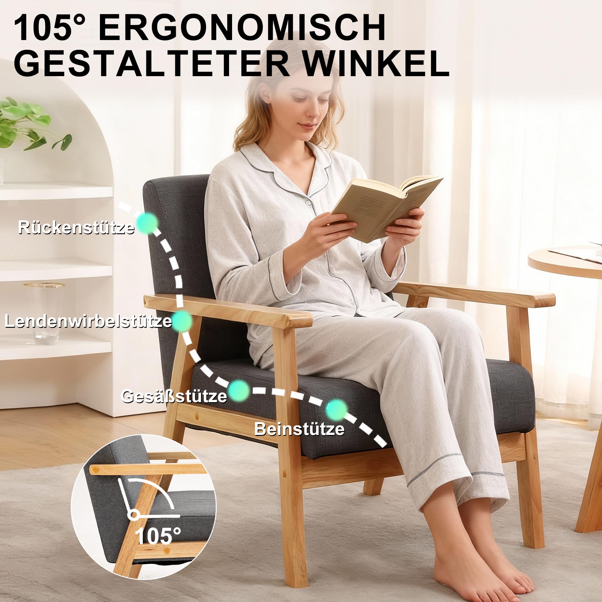 Mingone 2er Set Sessel Gepolsterter Cocktailsessel Skandinavischer Stil Loungesessel Modern Einzelsofa Massivholz für Wohnzimmer Schlafzimmer Grau