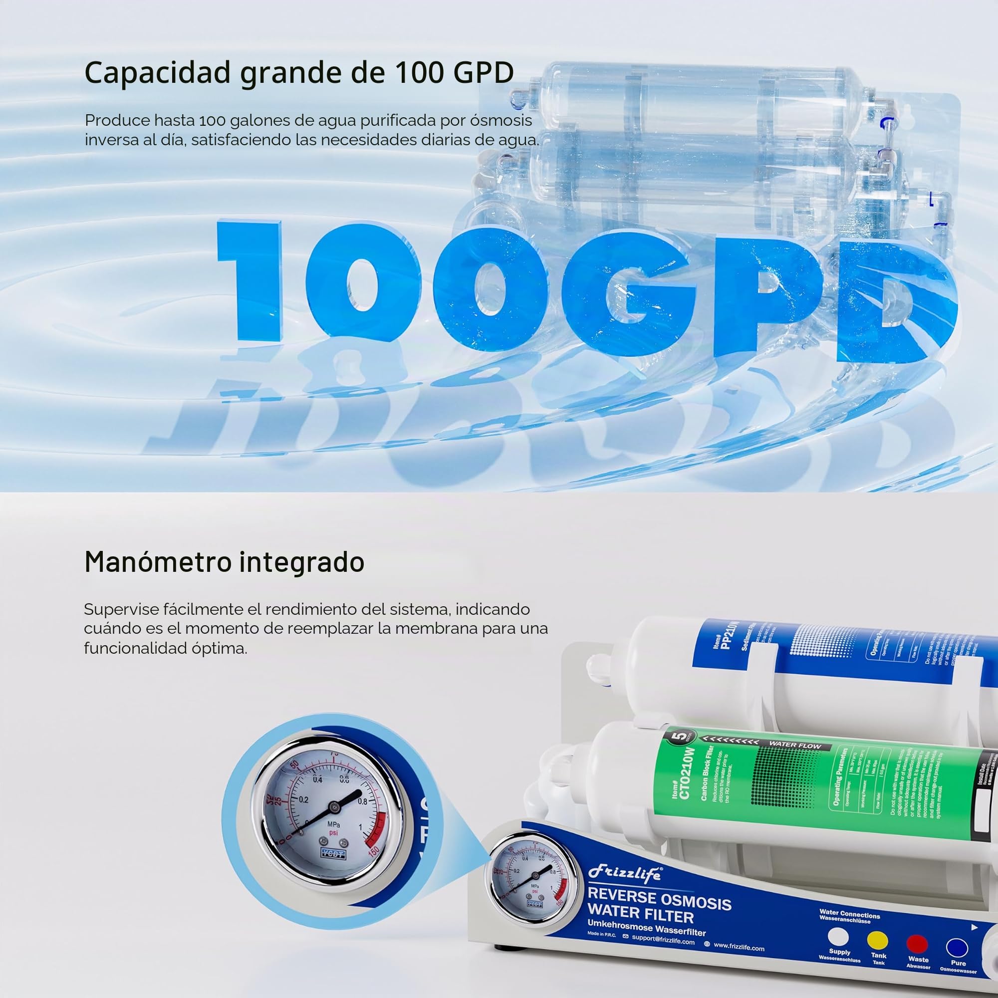 Frizzlife BFRO100 - Sistema de ósmosis inversa para acuario, 3 etapas, sistema de filtración de agua potable RO con manómetro, compacto, 100 GPD