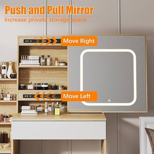 Miniatura 3 de Garvee Escritorio de tocador con espejo LED deslizante, tocador de maquillaje con 4 cajones, estante de almacenamiento, toma de corriente y taburete