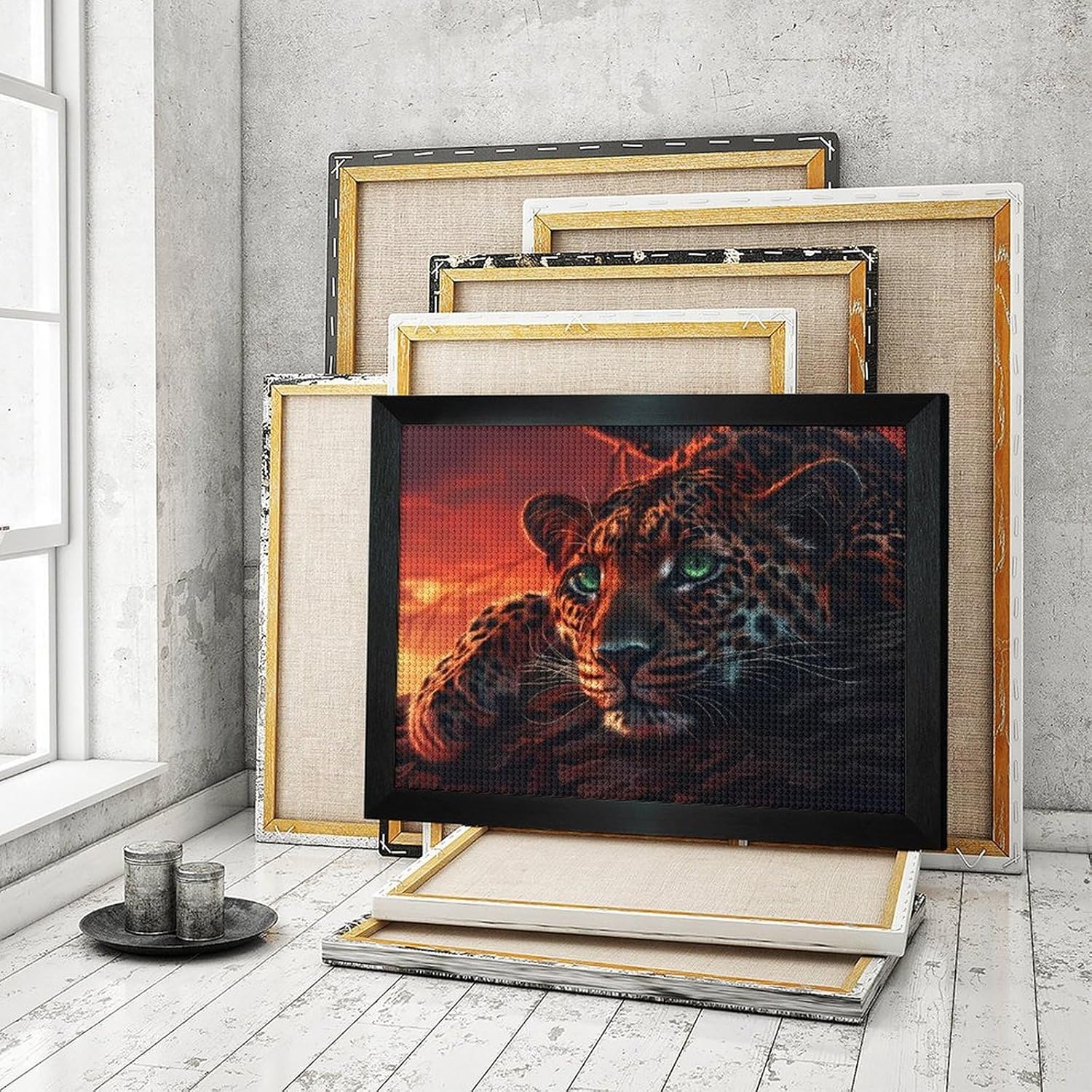 Beautiful Leopards with Green Eyes Printed Diamond 5D Painting Kit 16x20in DIY Full Drill Craft with Tools for Home Wall Decor Gift Blackwood 50 * 40cm