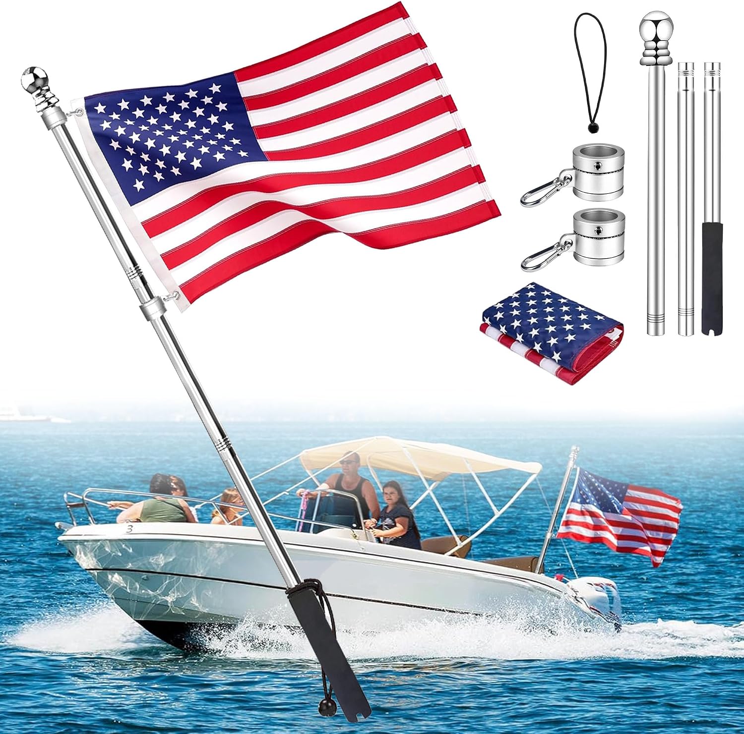 YUSOVE Boat Flag Pole with Rod Holder Mount, 4ft Marine Stainless Steel Boat Flag Pole, with Bungee Retainer, EVA Foam Grip