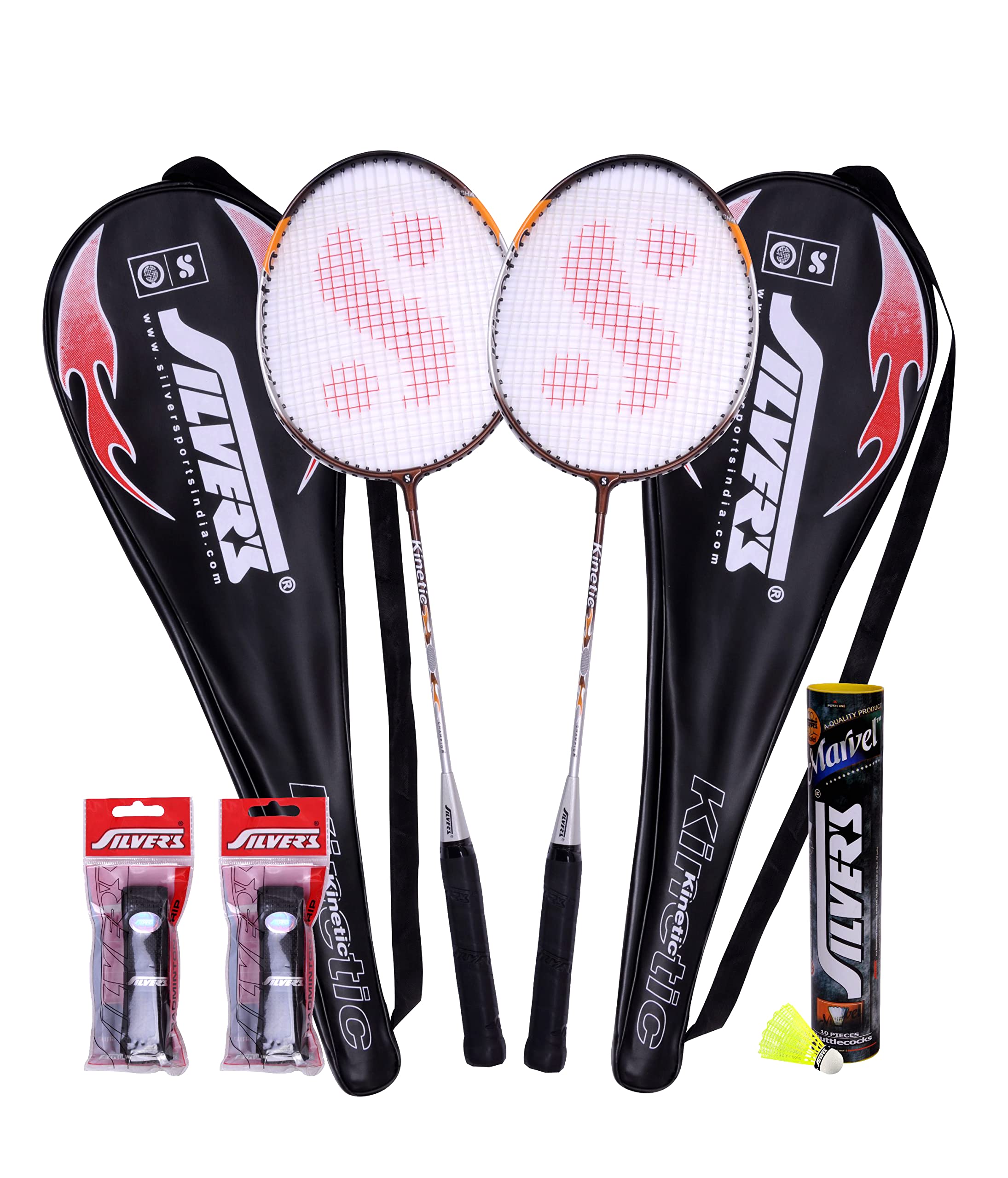 Silvers Kinetic (2 Badminton Rackets with Cover, 10 Plastic Shuttlecock and 2 PVC Grips) (B0BCGM1VT7) Amazon Price History, Amazon Price Tracker