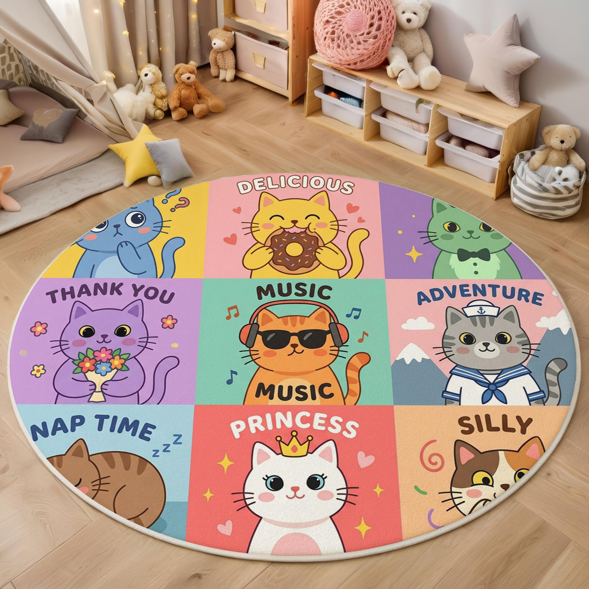 Tapis rond lavable chat pour une salle d'étude accueillante