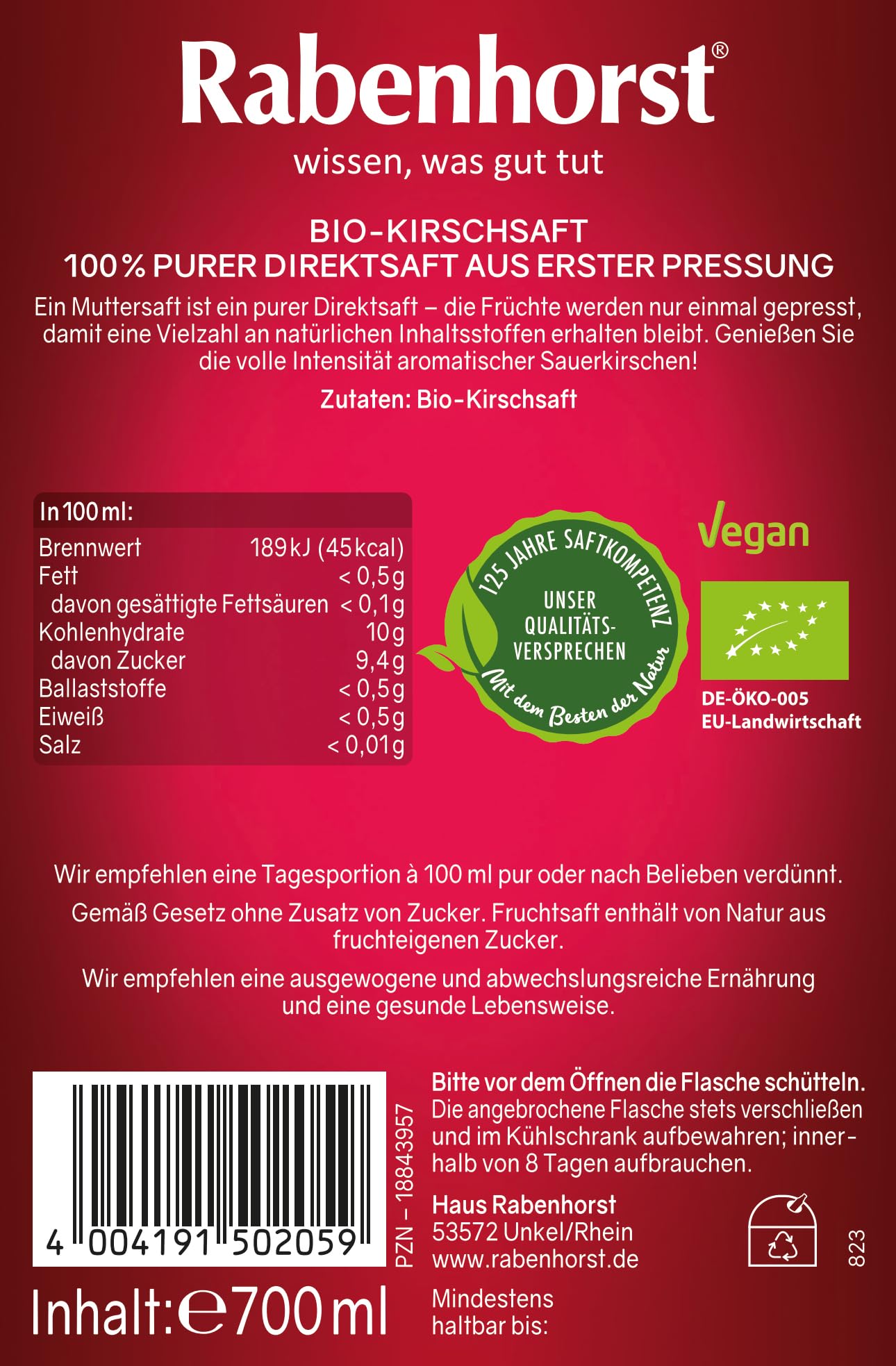 RABENHORST Sauerkirsche Muttersaft BIO, 6er Pack (6 x 700 ml) | 100 % purer Sauerkirsch-Direktsaft aus erster Pressung