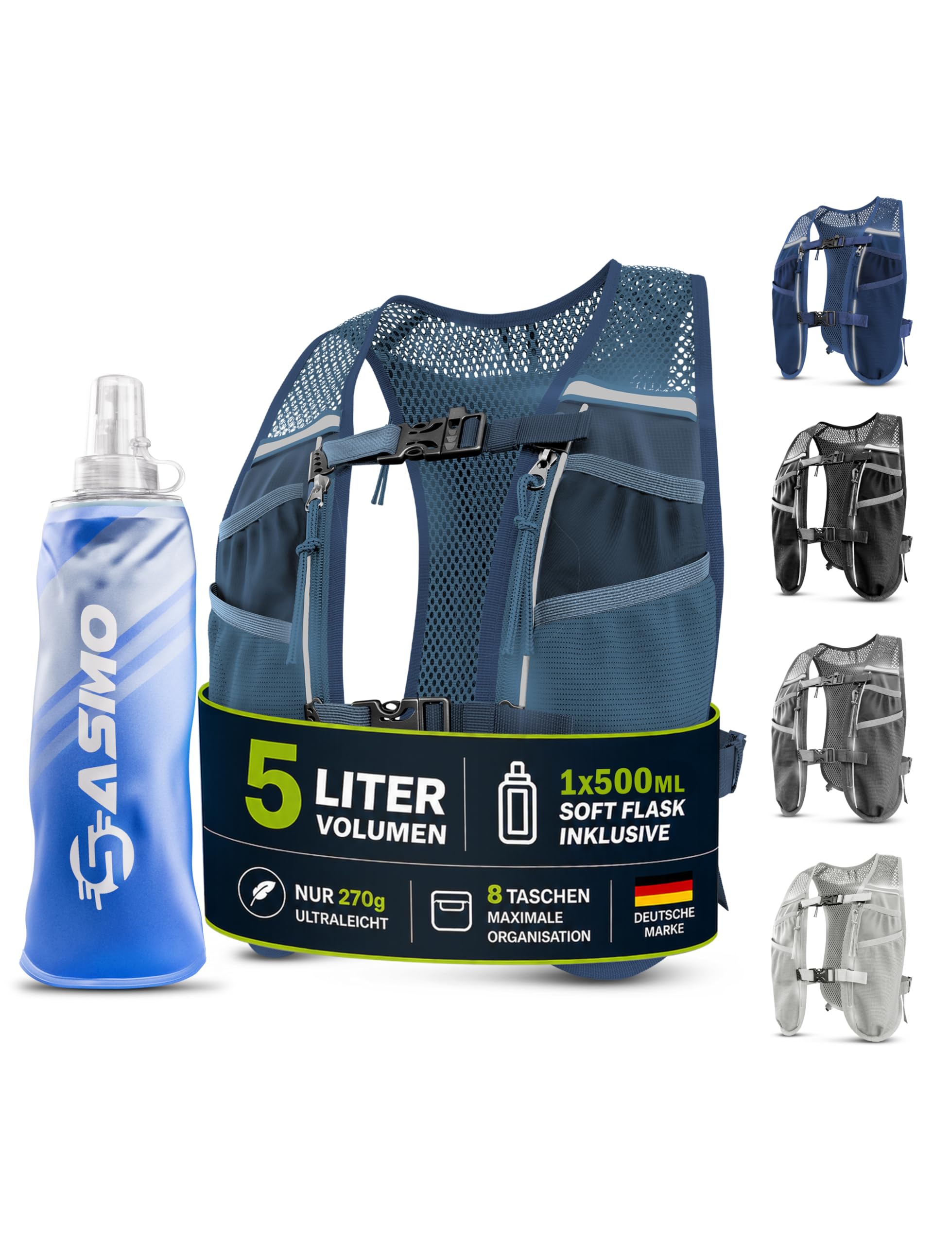 SASMO® Laufweste Damen & Herren 5L / 2L | Running Vest - Ultraleicht & atmungsaktiv| Laufrucksack Damen - 8 Taschen | Laufweste Herren | Trinkweste Laufen