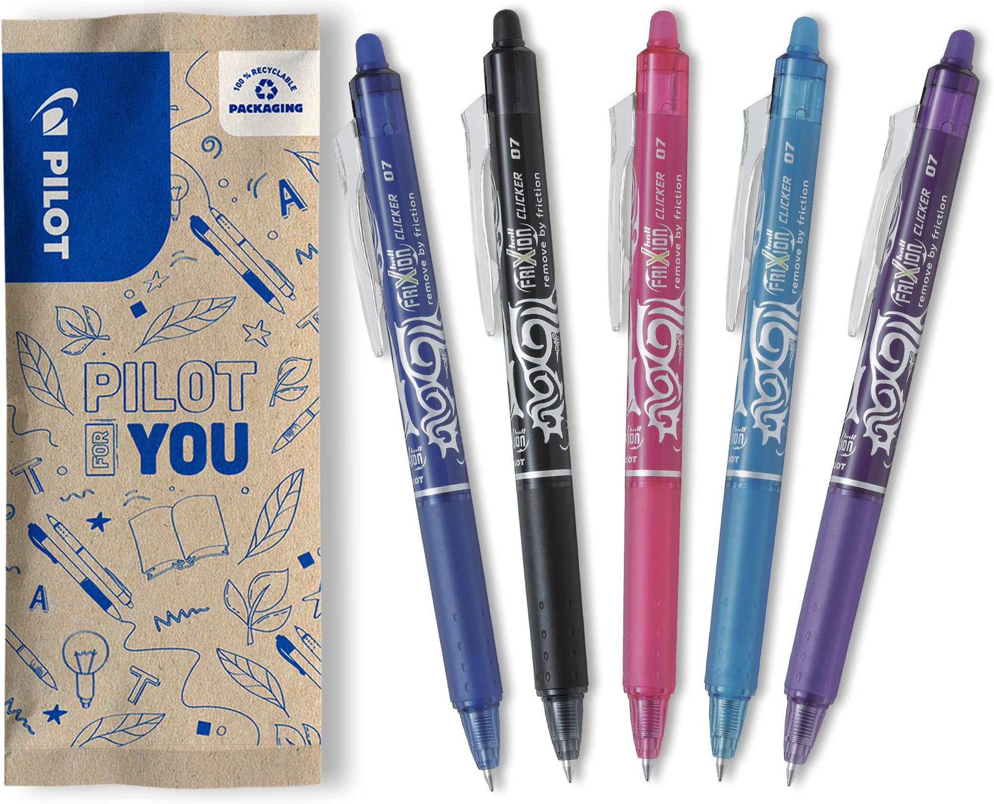 PILOT - FriXion Ball Clicker Erasable Pen - 0.7mm Tip Rollerball - 5 x Assorted Colour Pens - Blue, Black, Pink, Light Blue, Violet