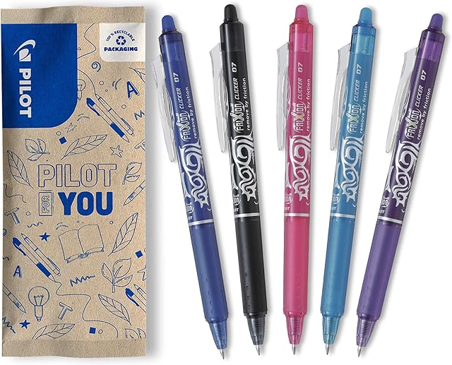 Pilot FriXion Clicker Erasable Rollerball Pen Set of 5 (Blue, Black, Pink, Light Blue, Purple)