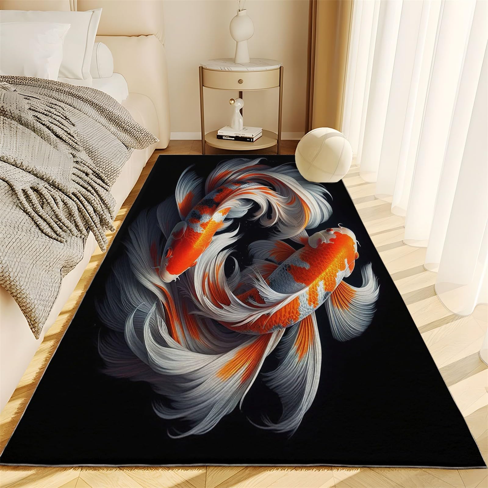 Tapis Salon ModèLe de Poisson Koi de Style Japonais Tapis Poils Courts Flanelle Moelleux à Doux, 80 x 150 cm Moquette antidérapant Lavable pour Chambre Decoration - Entretien Facile, Noir