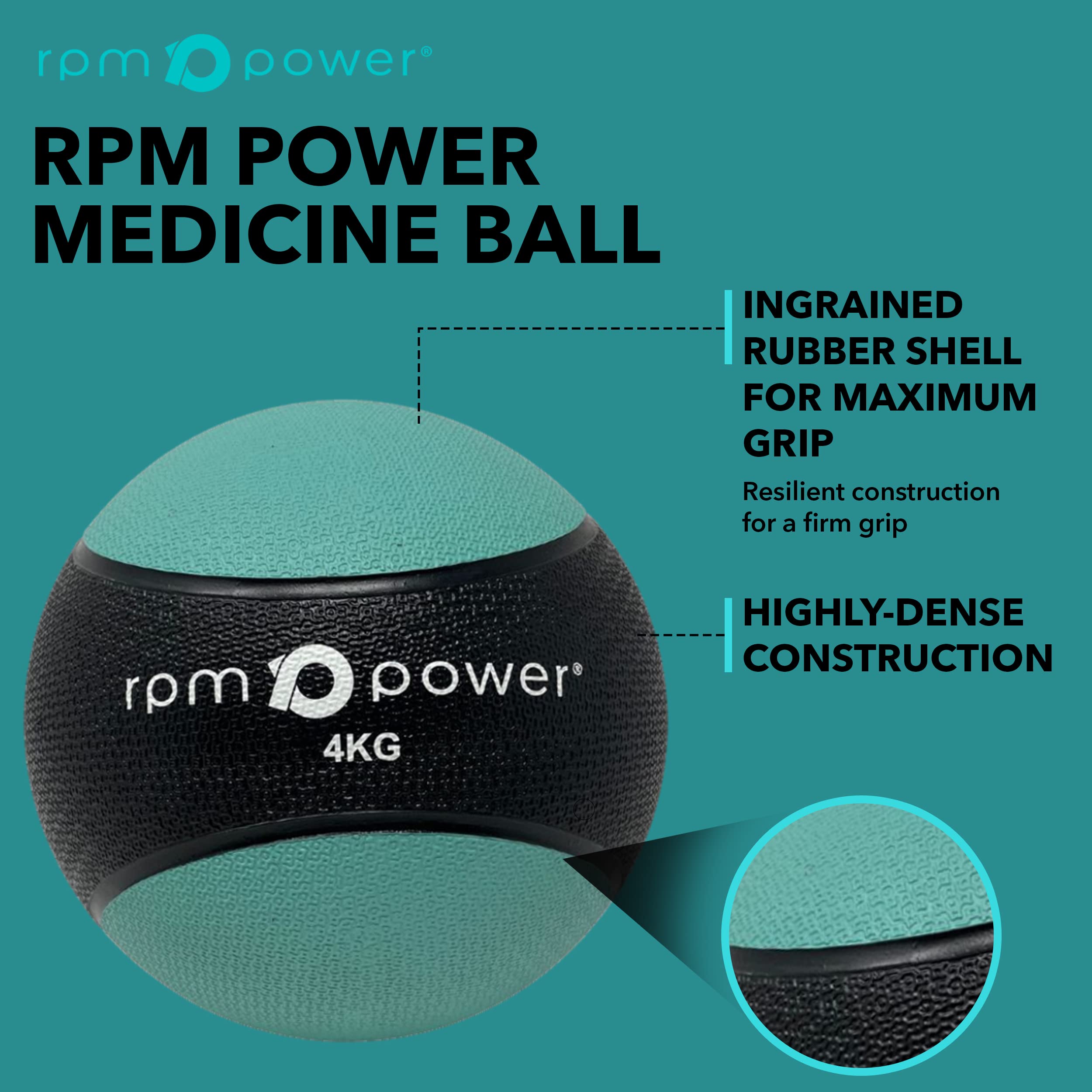 RPM Power Medizinball – 4 Kg, Gummi, Rutschfester Griff, Grün, Für Kraft- & Cardiotraining