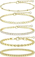TENMIRO 16K Chunky Gold Plated Bracelet Stack for Women: 5-Piece Non-Tarnish Waterproof Rope Tennis Satellite Bead Ball Chain Set