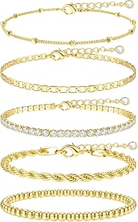 TENMIRO 16K Chunky Gold Plated Bracelet Stack for Women: 5-Piece Non-Tarnish Waterproof Rope Tennis Satellite Bead Ball Chain Set