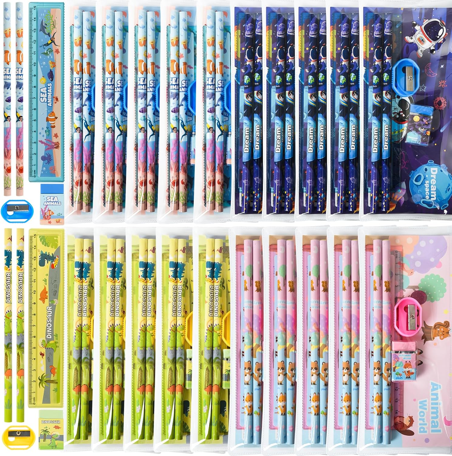 24 Sets Back to School Gifts Cute Stationery Set Back to School Supplies First Day of School Bithday Gifts Including Pencils Eraser Ruler Sharpeners for Classroom Rewards