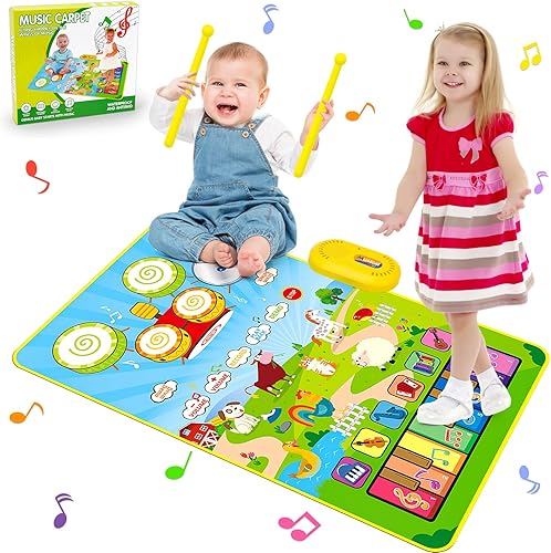 Juguetes musicales 3 en 1 para niños pequeños, teclado de piano y alfombrilla de batería con 2 baquetas, juguetes de manta de juego táctil de