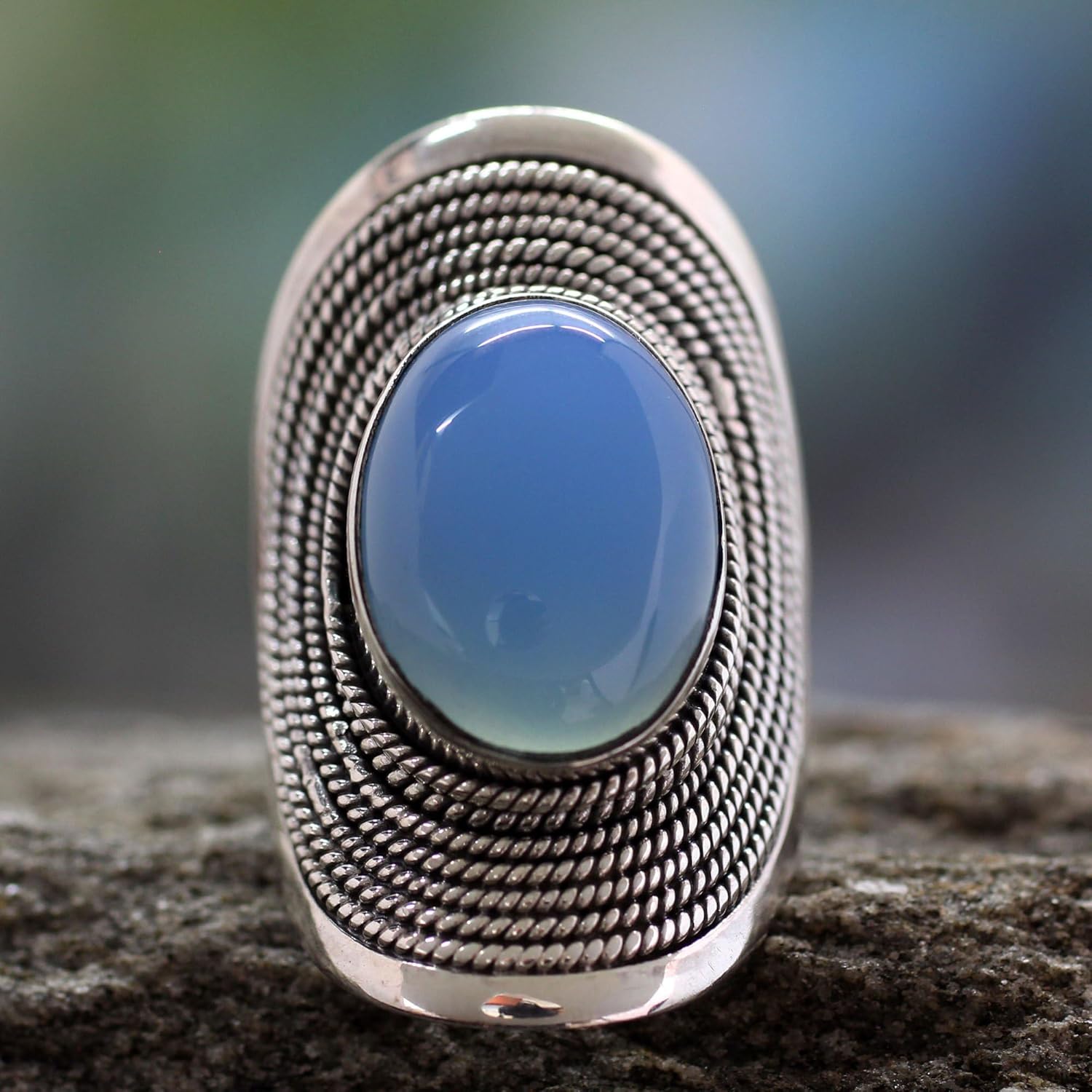 NOVICA Artisan Handmade Sterling Silver Cocktail Ring Jewelry Chalcedony from India Blue Single Stone Placid Serenity Bollywood Bohemian [crownbezel 1.3 in L x 1 in W x 0.2 in H Band Width 3 mm W] ' - Image 3
