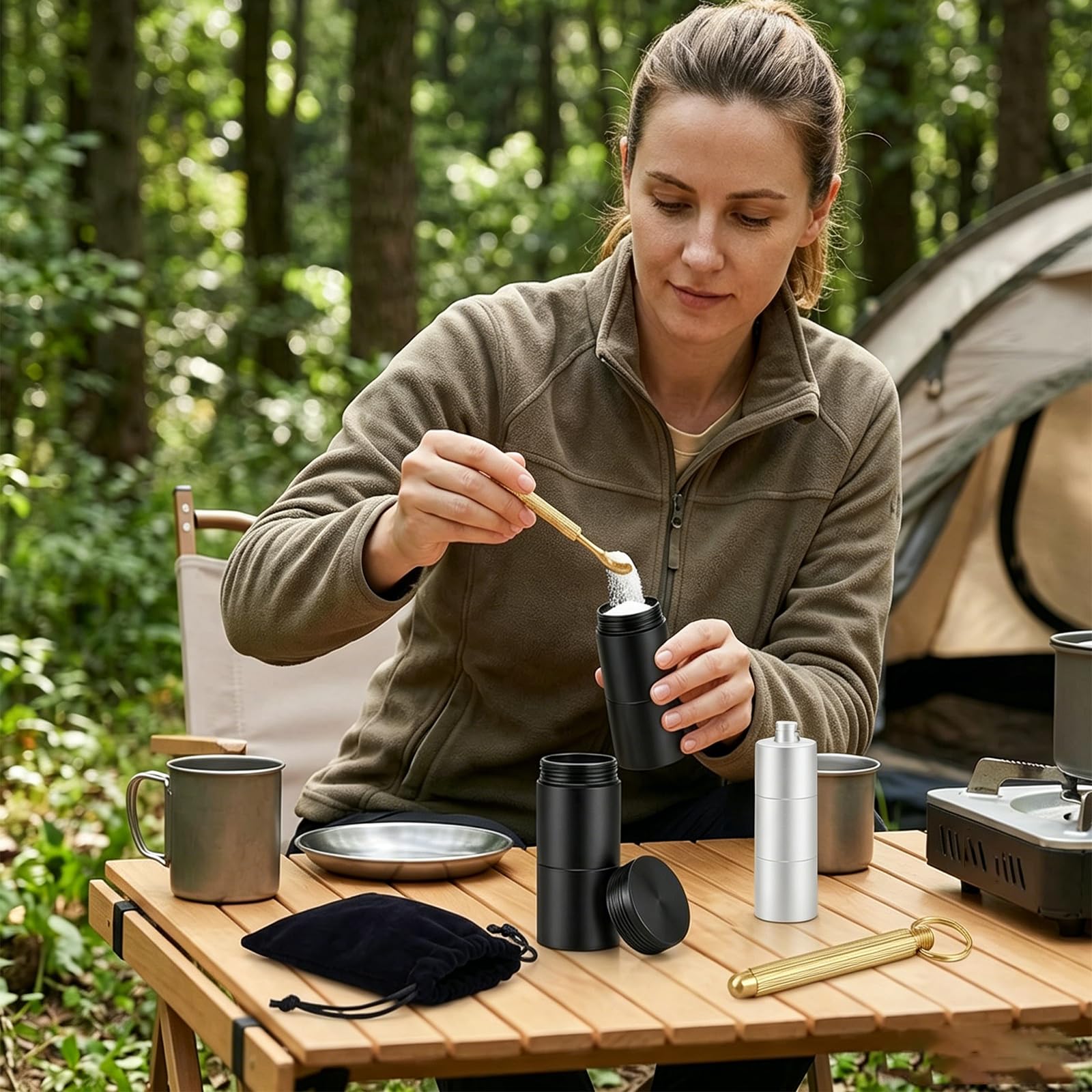 Mini Salzstreuer Für Unterwegs, Kompaktes Reise-Set Mit Weißer Und Schwarzer Gewürzdose, Praktischer Löffel Und Aufbewahrungsbeutel, Ideal Für Camping, Büro Und Picknick Küche, Haushalt & Wohnen