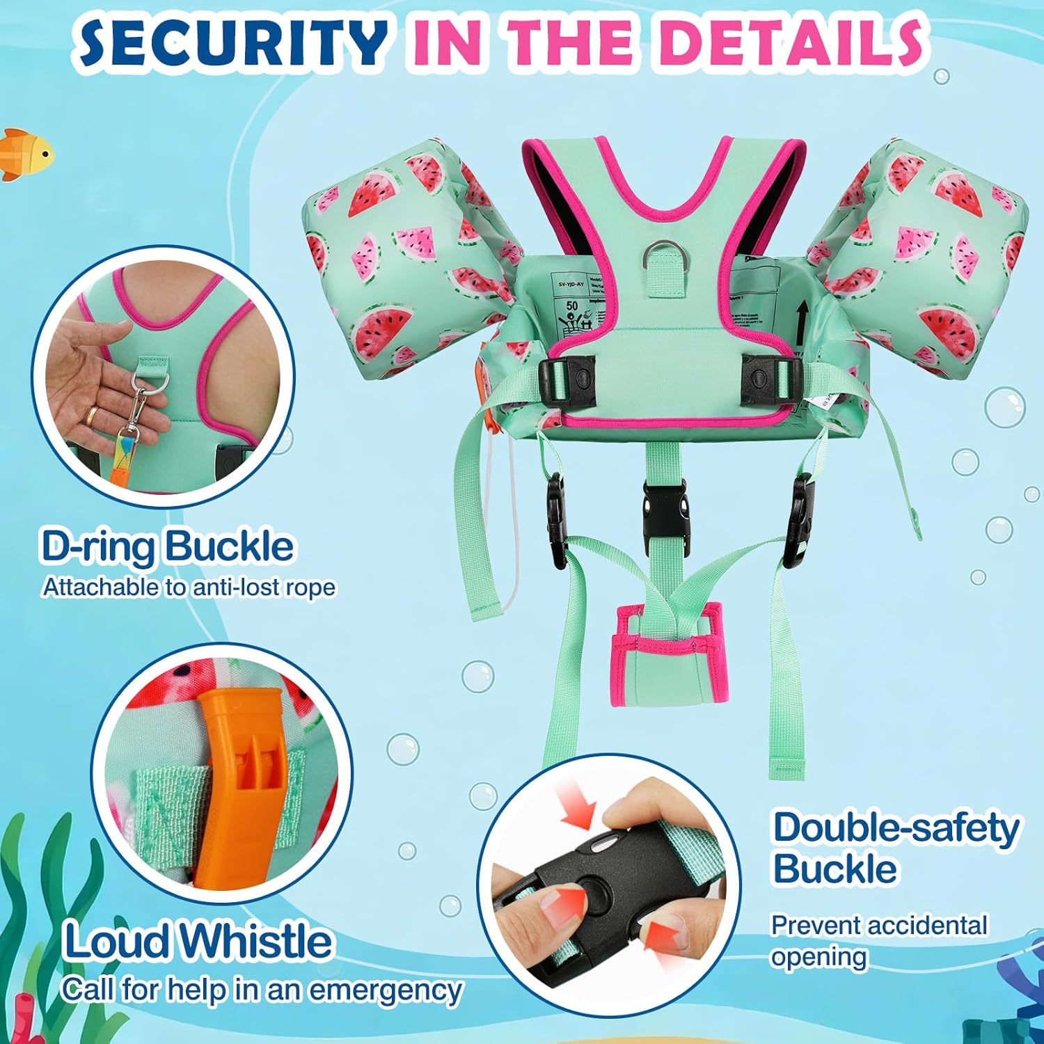 MoKo Kids Swimming Vest, Toddler Floaties, 20-50 lbs Arm Band Floaties with Adjustable Strap, Swim Jacket Water Wing Pool Float, Water Sports Learning Swim Training Equipment, Mint Green Watermelon