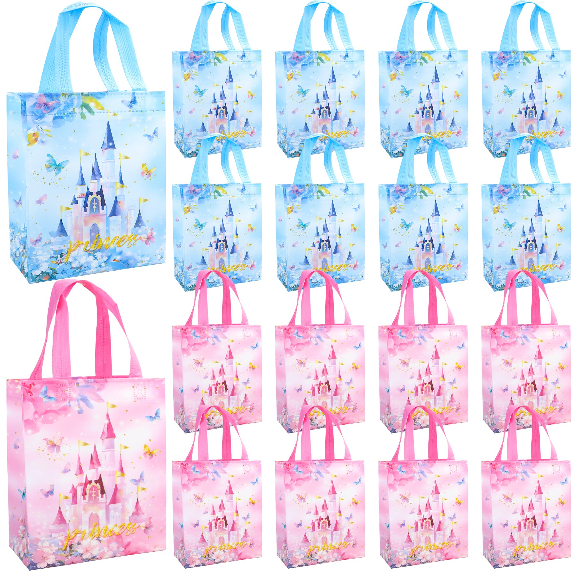 W WINTMING 24 Pcs Princess Party Favor Bags, Non Woven Princess Gift Bags with Handles, Pink Blue Floral Castle Princess Goodie Candy Treat Bags, Birthday Party Supplies for Girls (Castle)