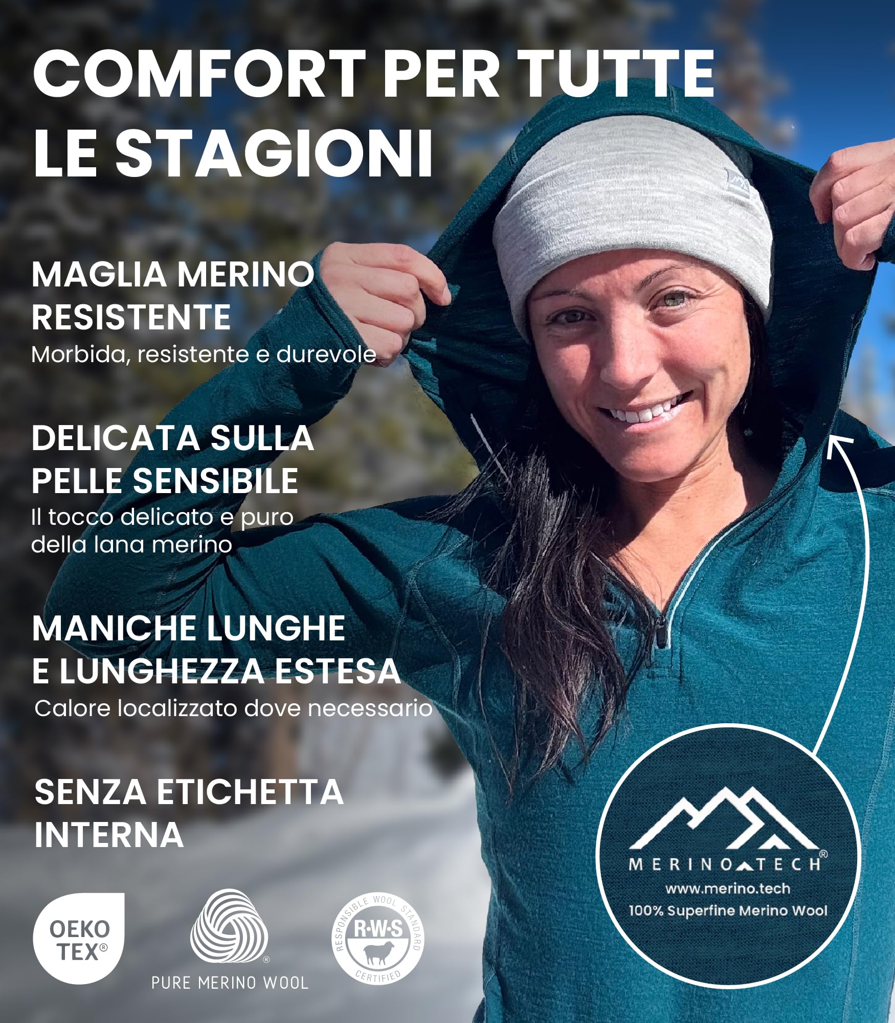 Merino.tech Felpa Maglione Lana Merino Donna Mezza Zip - Taglio Slim 100% Intimo Termico Lana Merino e Calze