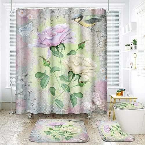 Juego de baño de rosas vintage con cortina de ducha y alfombras y accesorios, juego de cortinas de ducha con flores de mariposa, cortinas de ducha