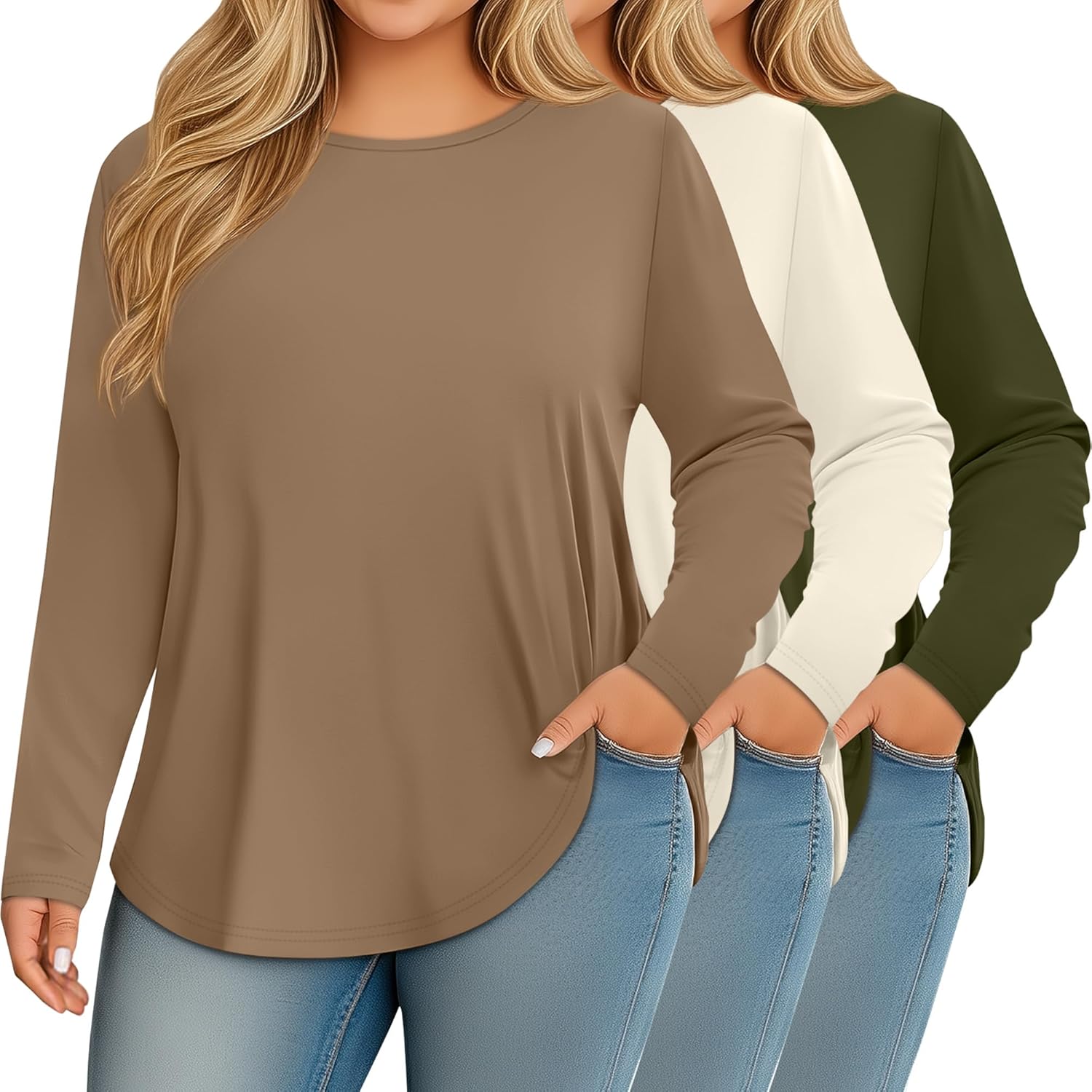 Ficerd 3 Pack Womens Plus Size Long Sleeve Tops Crew Neck Loose Fit T Shirt Stretchy Casual Winter Tops Basic Tees Shirts
