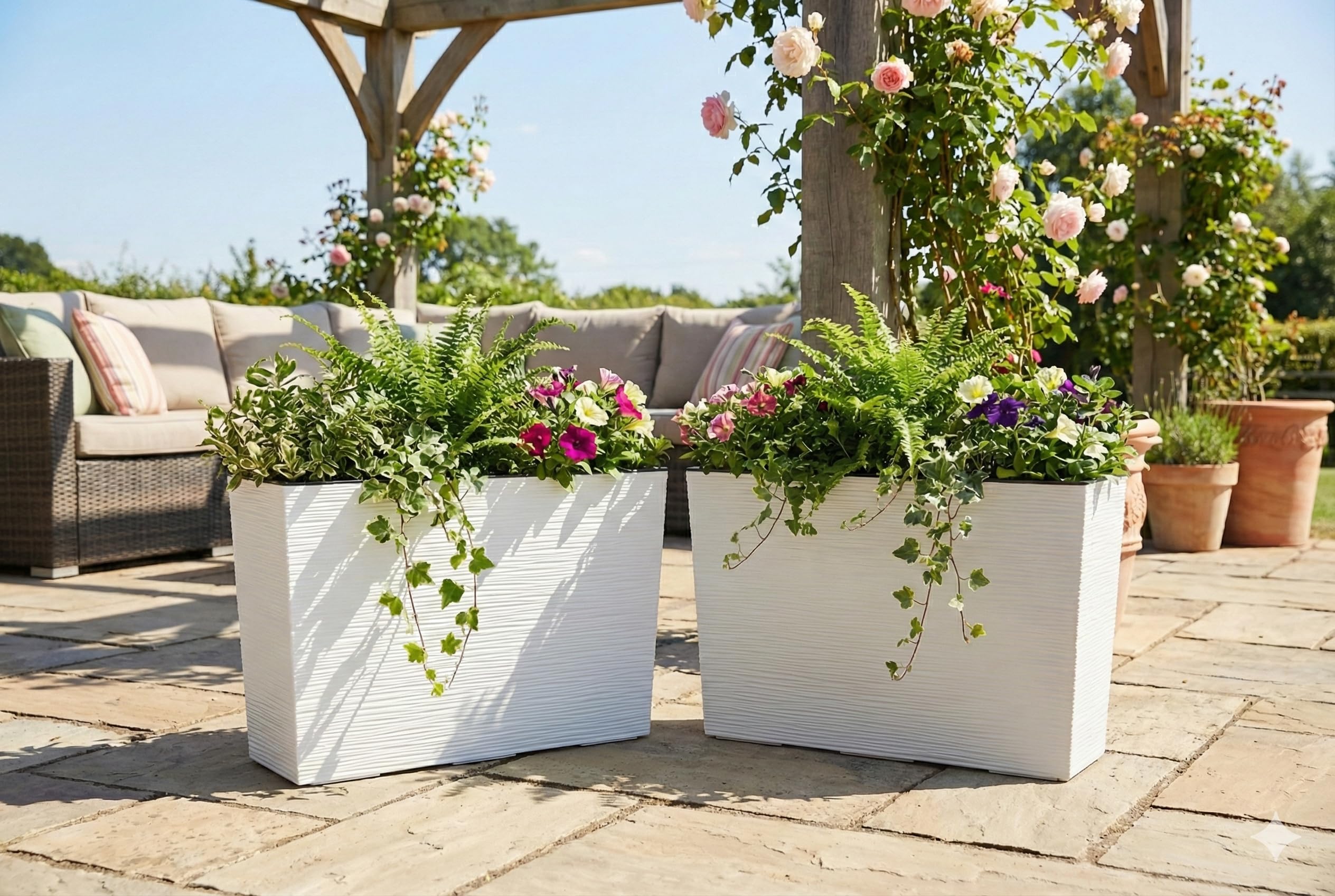 GORDANLUK Tall Rectangular Textured Planter with Removable Liner – 56cm Long Trough Planter for Indoor & Outdoor Use | Large Window Box Planter | Self Watering | UV-Resistant Polypropylene (White)
