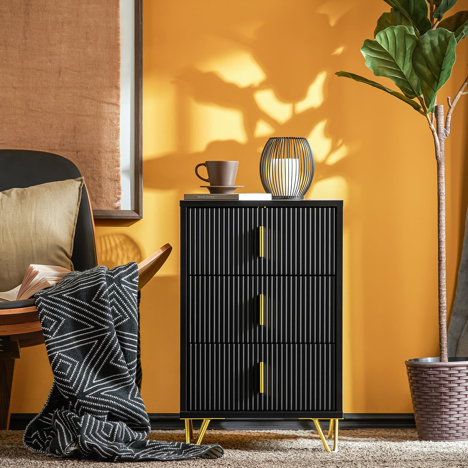 SoBuy Comodino camera da letto con 3 cassetti, 63 cm altezza ergonomica & 33 kg capacità, tavolino da letto per camera e soggiorno, ideale per piccoli spazi, nero, 40 x 40 x 63 cm, FBT115-L-SCH