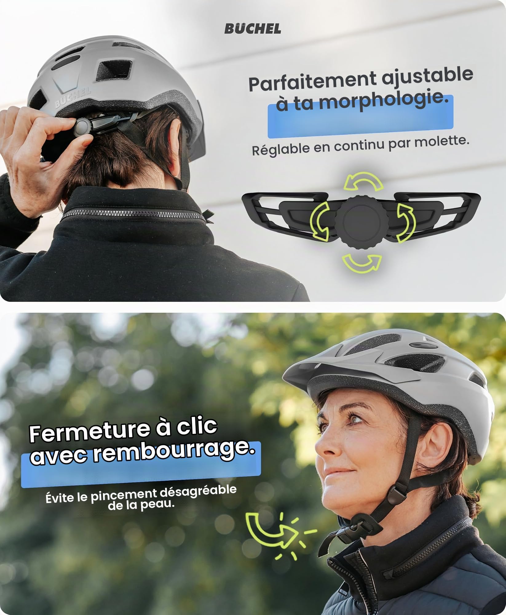 BÜCHEL Casque de vélo avec technologie In-Mold & Cam Lock - Casque de vélo pour enfant, femme et homme, avec rembourrage au menton et moustiquaire lavable - Casque de vélo de 51 à 56 cm et 57 à 60 cm