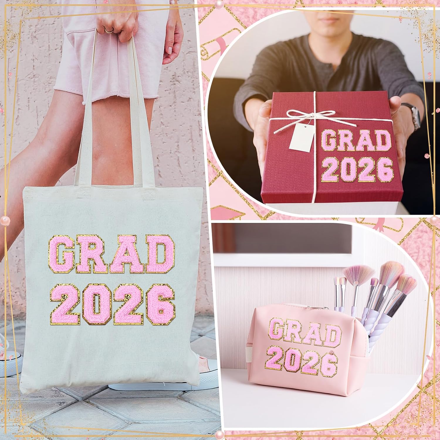 Lyrow 32 Pcs Self Adhesive Grad 2026 Iron on Patches Sew on Chenille Letter Patches Glitter Graduation Embroidered Applique Decor Exclude Lei for DIY Cloth Graduation Decor 2.1 Inch(Pink)