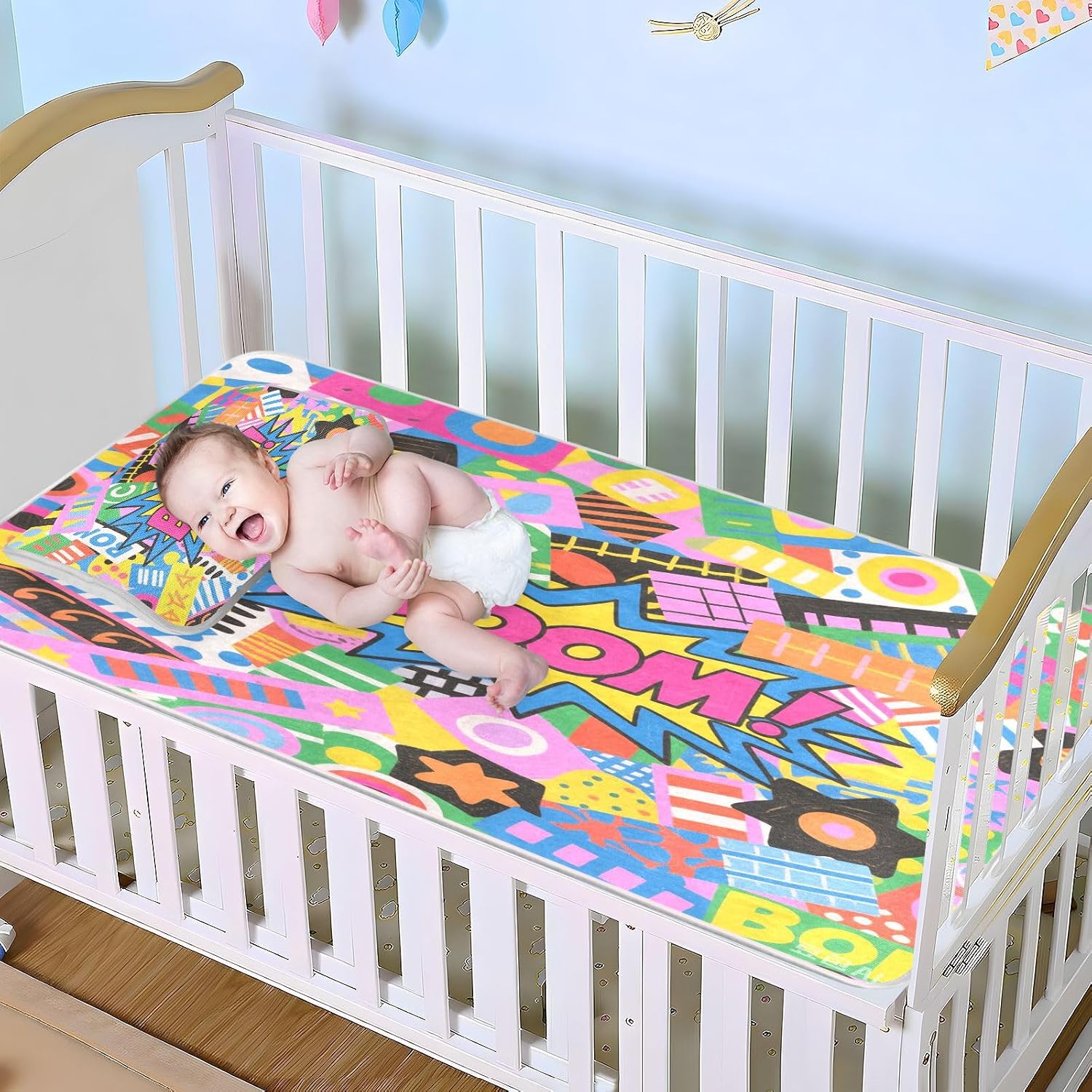 Waterproof Cooling Baby Crib Mattress 28 x 52 Inches Reusable Colorful Cartoon Boom Crib Padded Fashion Crib for Babies Toddlers