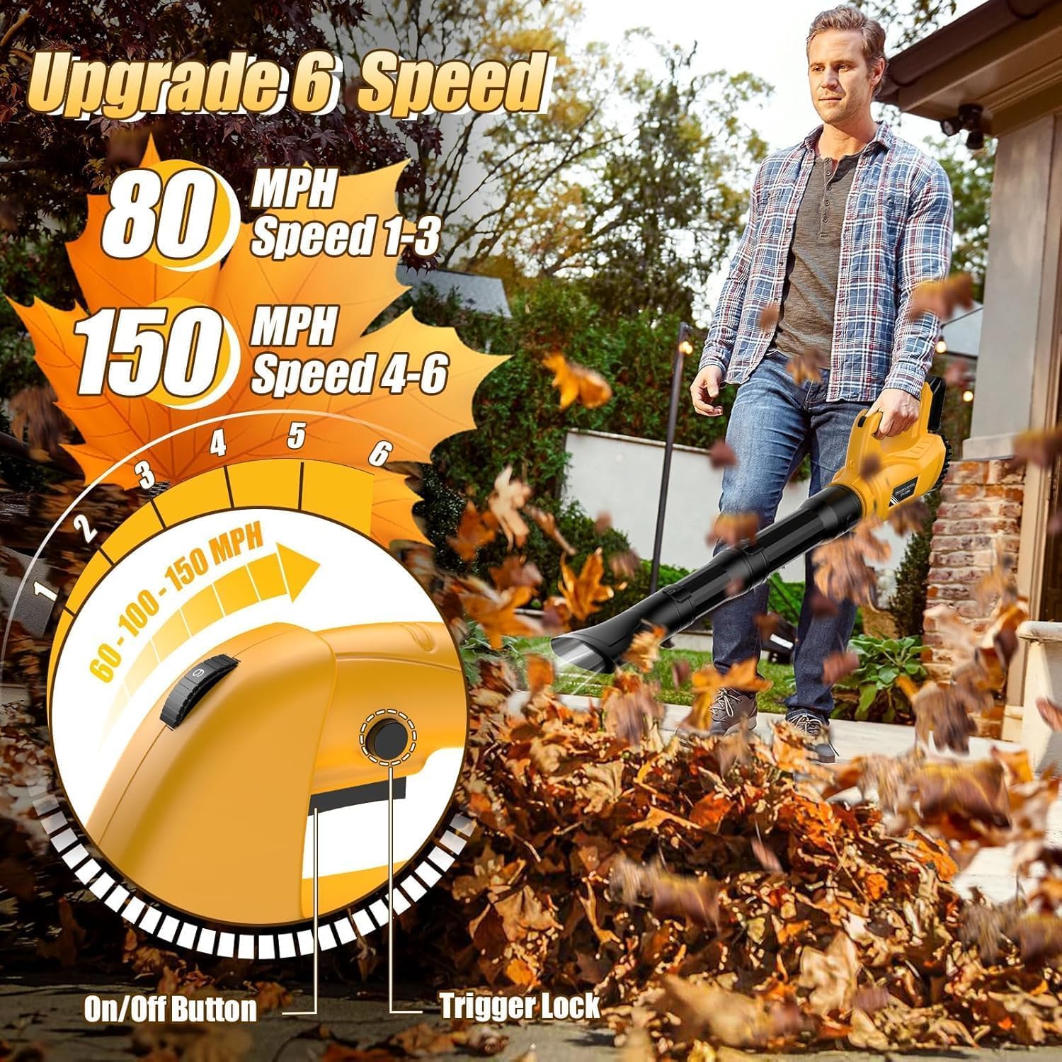 Souffleur électrique sans Fil Compatible avec Batterie Dewalt 20 V 300 km/h Vitesse de l'air Ventilateur sans Fil 6 Niveaux de Vitesse Souffleur à Feuilles, Portable pour Cour Pelouse Jardin (Jaune)