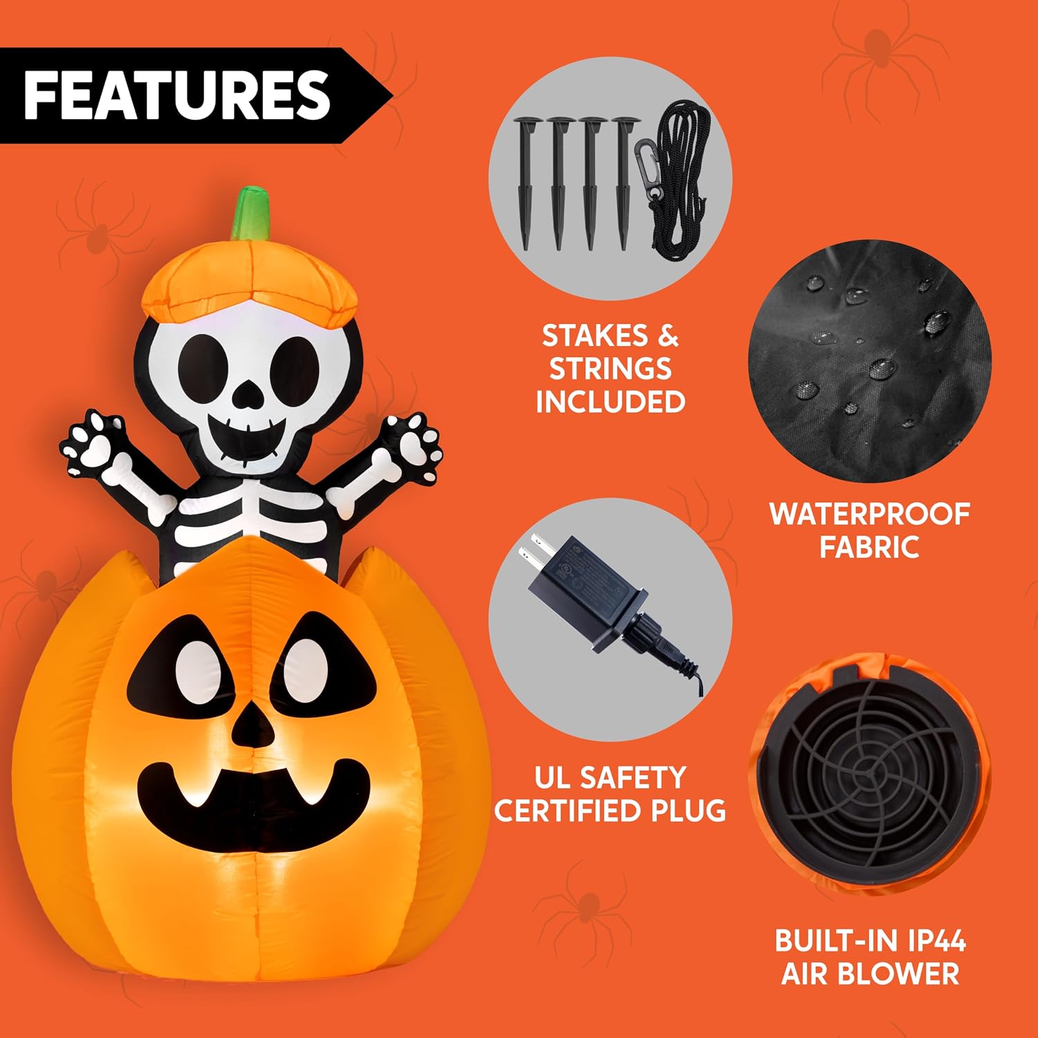 Joiedomi 5FT Halloween Animated Inflatables Outdoor Decorations, Inflatable Skeleton On Pumpkin with LEDs, Cute Blow Up Pumpkin Skeleton Decor for Outside Yard Indoor Lawn Garden Party Decoration image 5