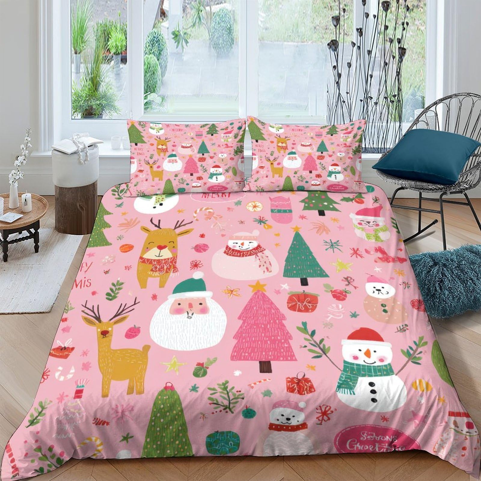 Ctjqhvkz Style-2 3D Printed Christmas Santa Fitted Sheet Microfiber Soft Pink Reindeer Mattress Cover For Bedroom Guest Room Decor Single（135X200cm）