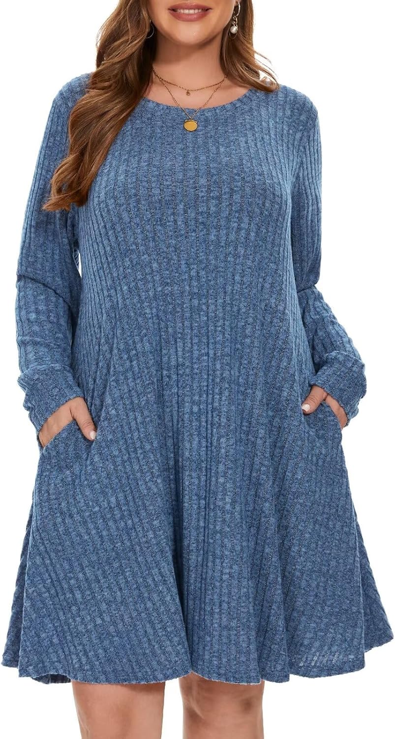 BELAROI Sweater Dress Plus Size Long Sleeve Ribbed Knit Crew Neck Casual Flowy Swing Tunic Pockets Dresses Fall Winter Oufits