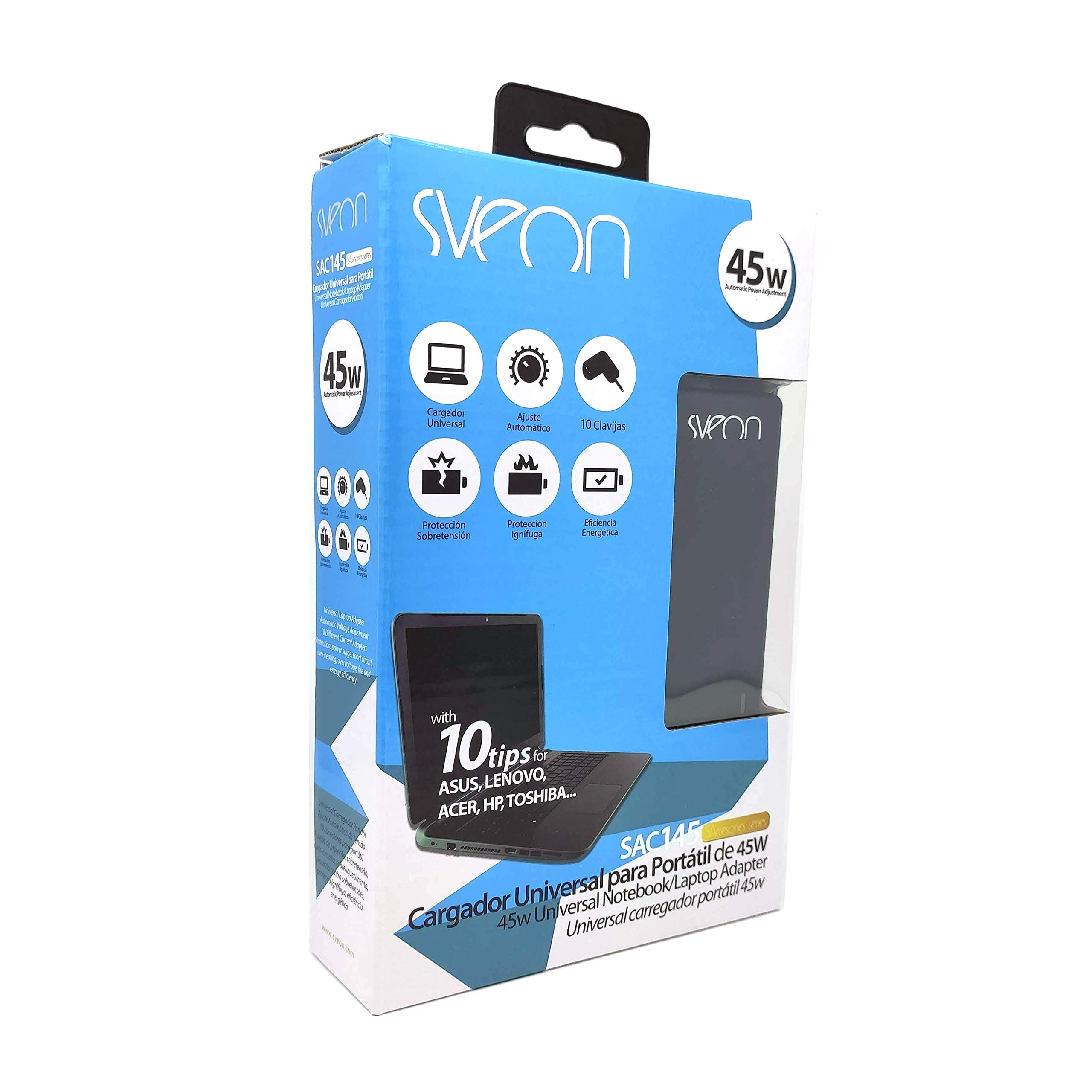 Sveon SAC145 - Cargador Universal para portátiles (45 W, Ajuste automático de Voltaje, 10 Conectores Independientes)