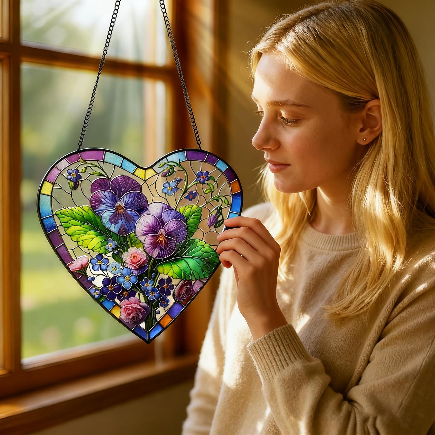 Pansy & Rose Stained Glass Window Hanging, 9.8'' Sun Catcher Glass Panel Floral Wall Art Decor with Chain, Handcrafted Heart - Shaped Glass Gifts for Lovers, Housewarming Gift(Pansy & Rose)