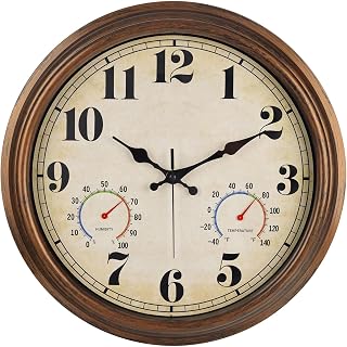 45MinST 16 Inch Vintage Bronze Outdoor Wall Clock with Thermometer Hygrometer - Waterproof Silent Non-Ticking for Porch Garden Pool
