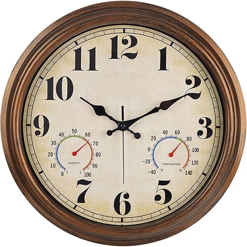 Miniatura 12 de 45MinST Reloj de pared vintage para exteriores de 13 pulgadas con termómetro e higrómetro, impermeable, números grandes, silencioso, para uso en