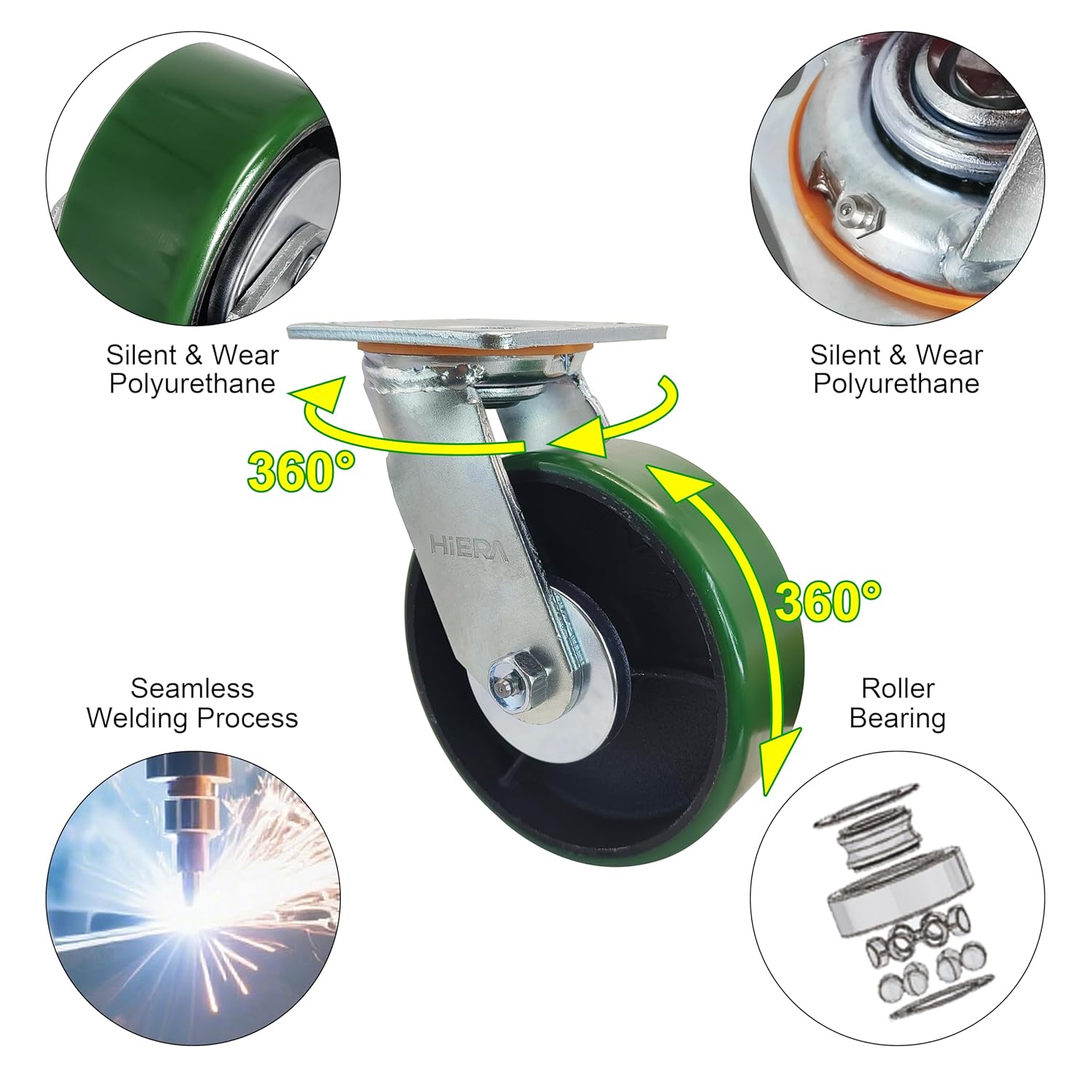 Heavy Duty Caster – Polyurethane on Steel Hub, Smooth Rolling PU Casters for Workbench, Industrial Machinery, Shop Tables, Military Equipment,Platform Trucks (6 inch, 2 Swivel Green 2500lbs)