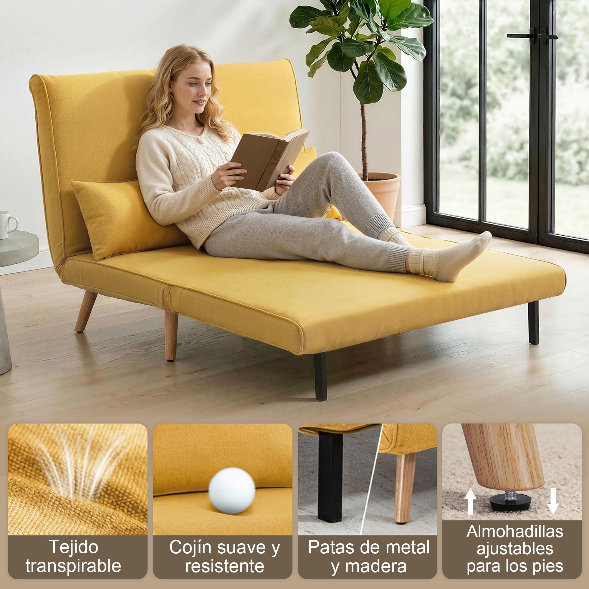 HOMCOM Sofá Cama de 2 Plazas Plegable 3 en 1, Sofá Cama, Tapizado en Lino, con Respaldo Ajustable 5 Posiciones, 2 Almohadas, para Dormitorio, Salón, Amarillo