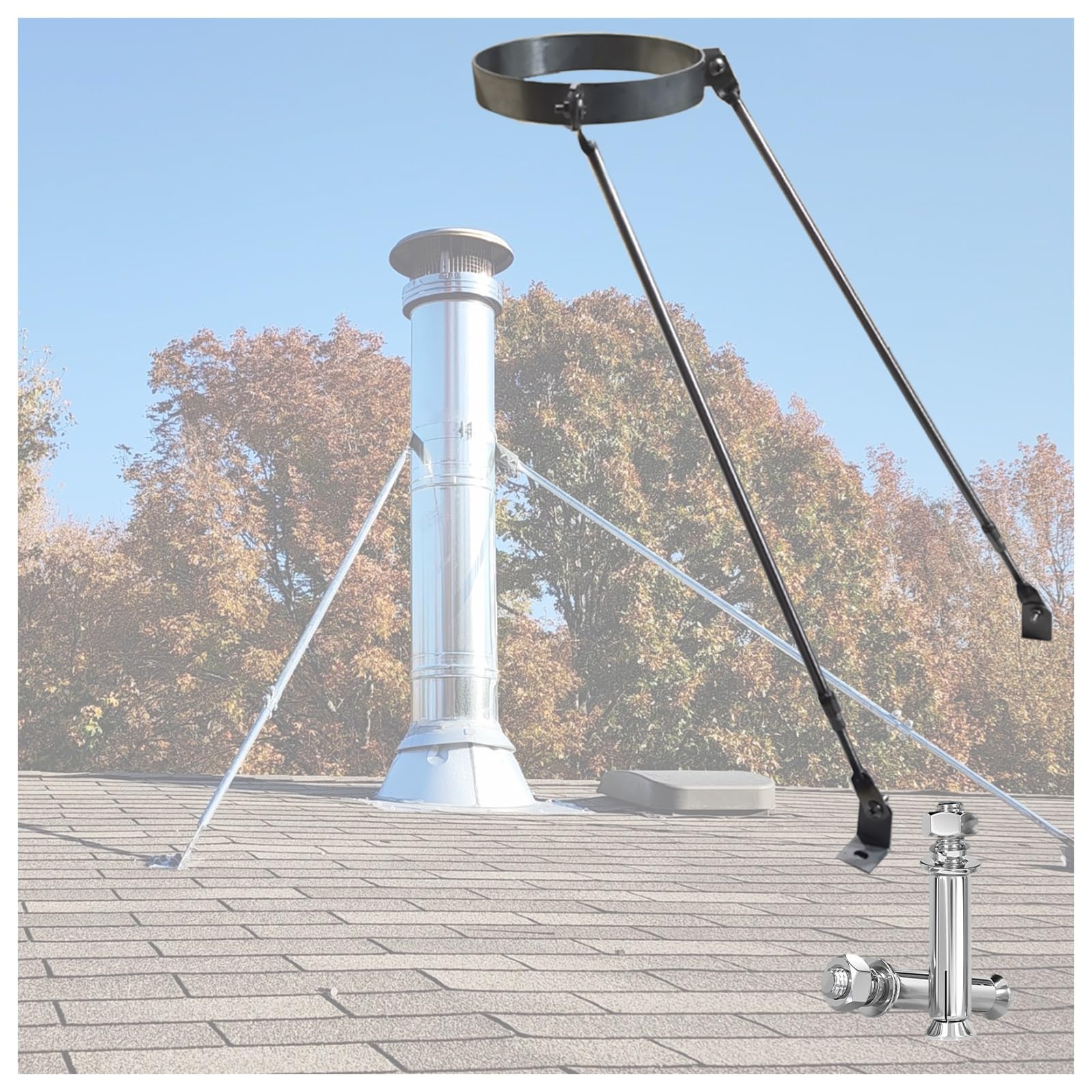Abrazadera para chimenea de acero inoxidable que evita oscilaciones y daños por viento