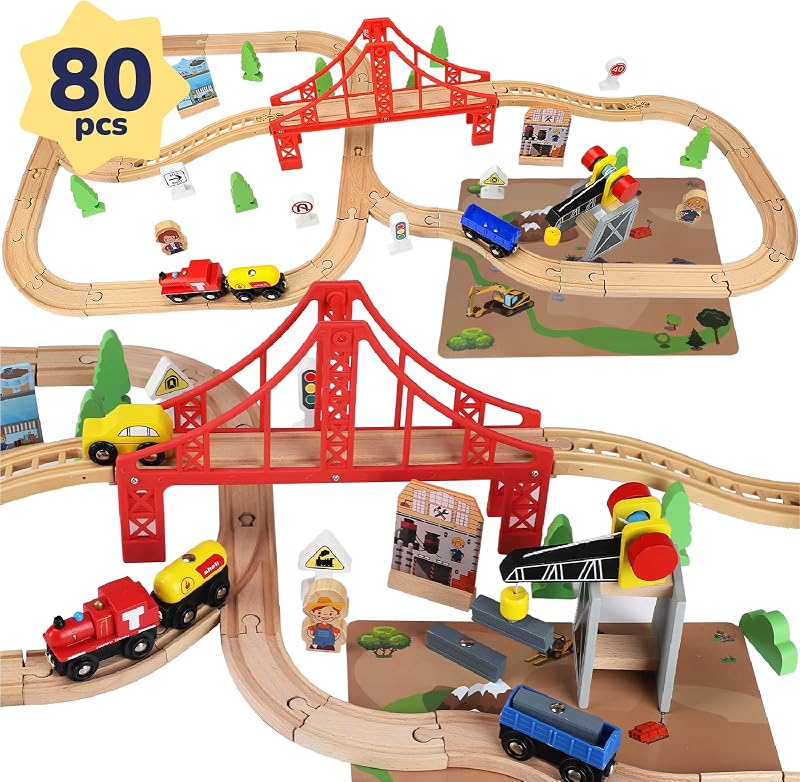 Wooden Train Set with Crane, 80-Pc Track, Boys 3+ | Magnetic Snap-Together, Fits Thomas Brio Chuggington, Fine-Motor Play, Unisex Kids