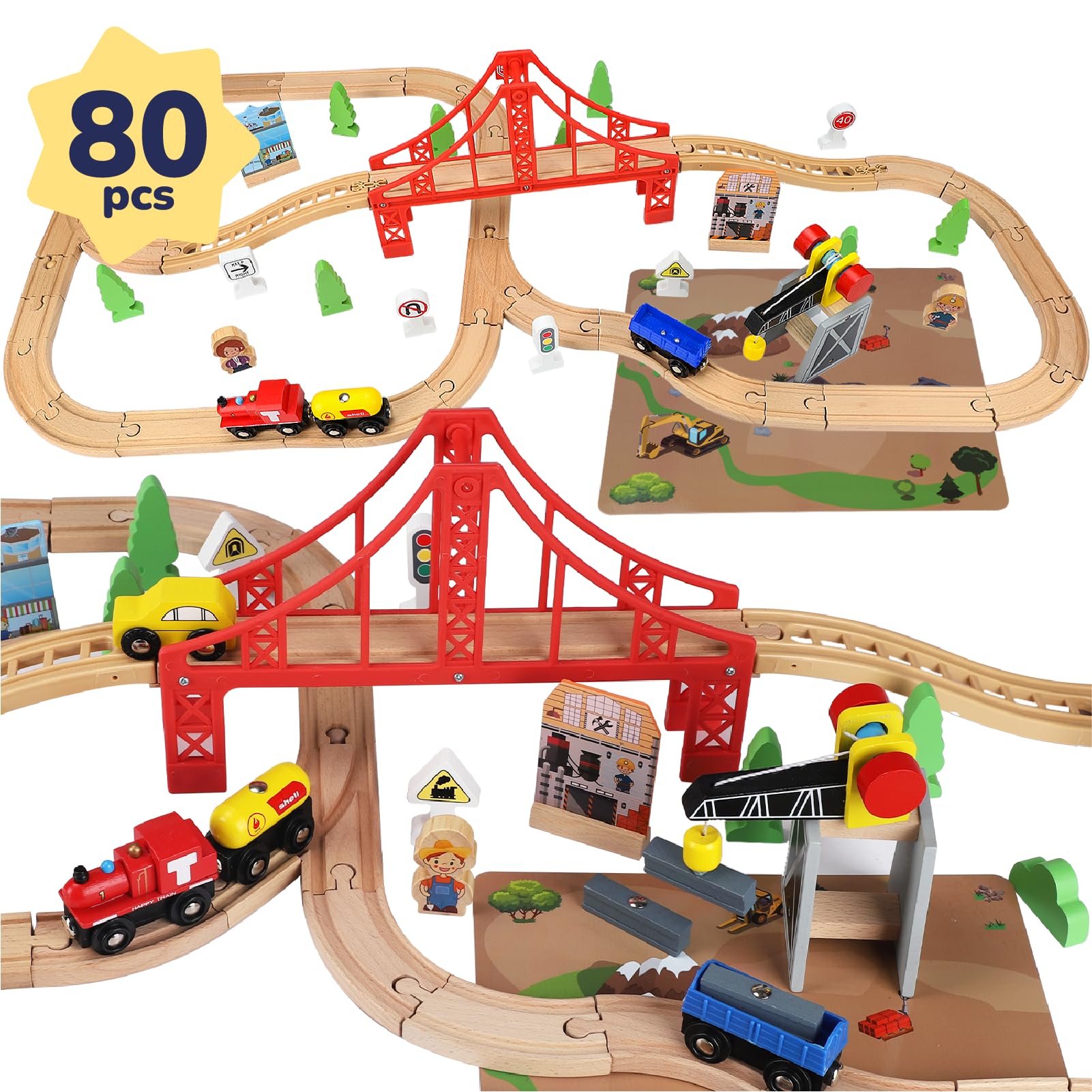 TOY Life Wooden Train Set 80pcs with Magnetic Crane, Wooden Train Tracks Toys for Toddlers Boys Girls 3 4 5, 3 Year Old Boy Gift, Wood Toys Toddler Train for Kids 4-8 - Fits Thomas Brio Chuggington
