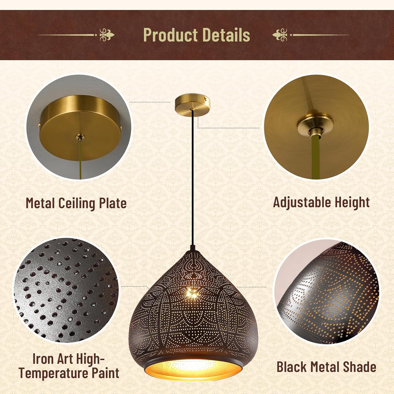 Black Farmhouse Pendant Light Industrial Vintage Hanging Lighting with Metal Shade & Adjustable Cord, Gold Moroccan Pendant Lamps for Kitchen Island, Dining Room, Coffee Bar Ceiling Lighting